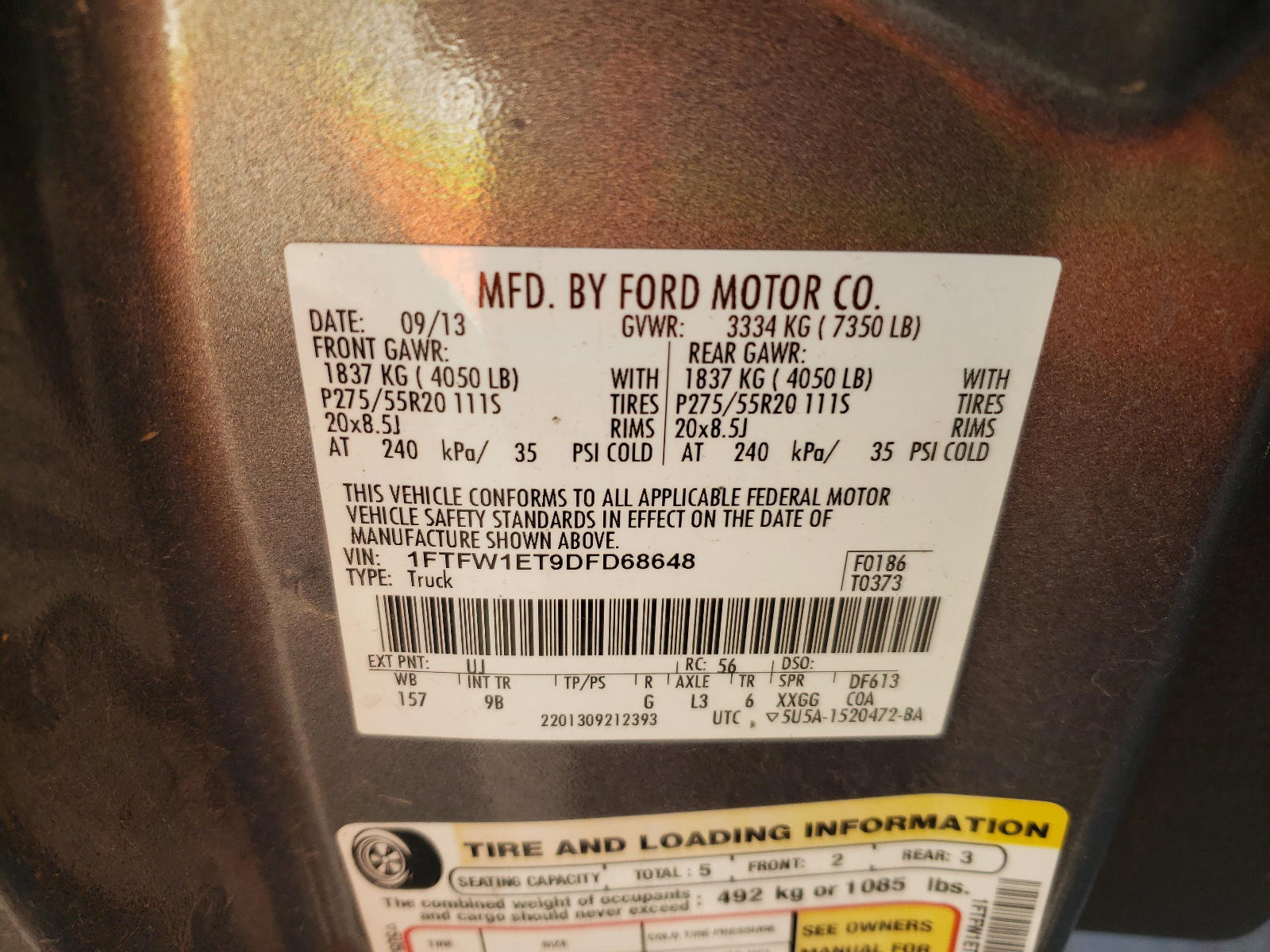 Photo 10 from auction – 2013 FORD F150 SUPER with VIN 1FTFW1ET9DFD68648