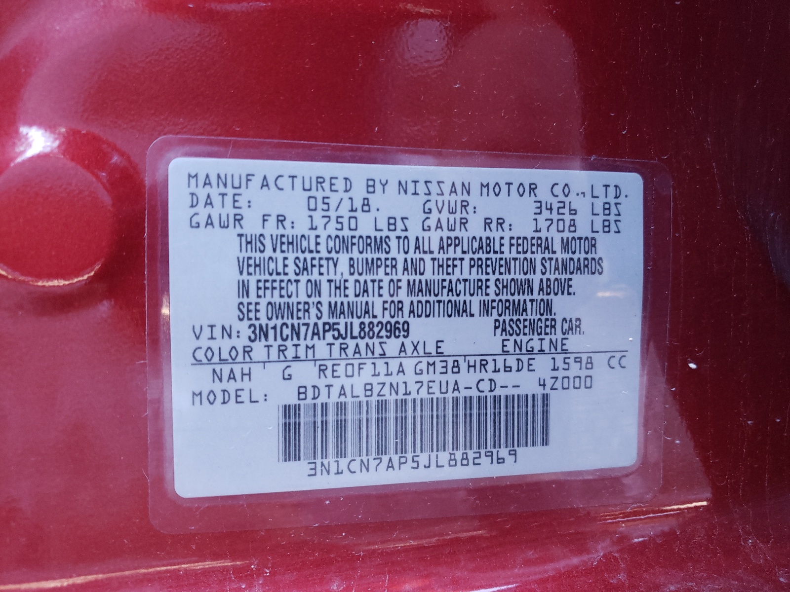 Photo 10 from auction – 2018 NISSAN VERSA S/S with VIN 3N1CN7AP5JL882969