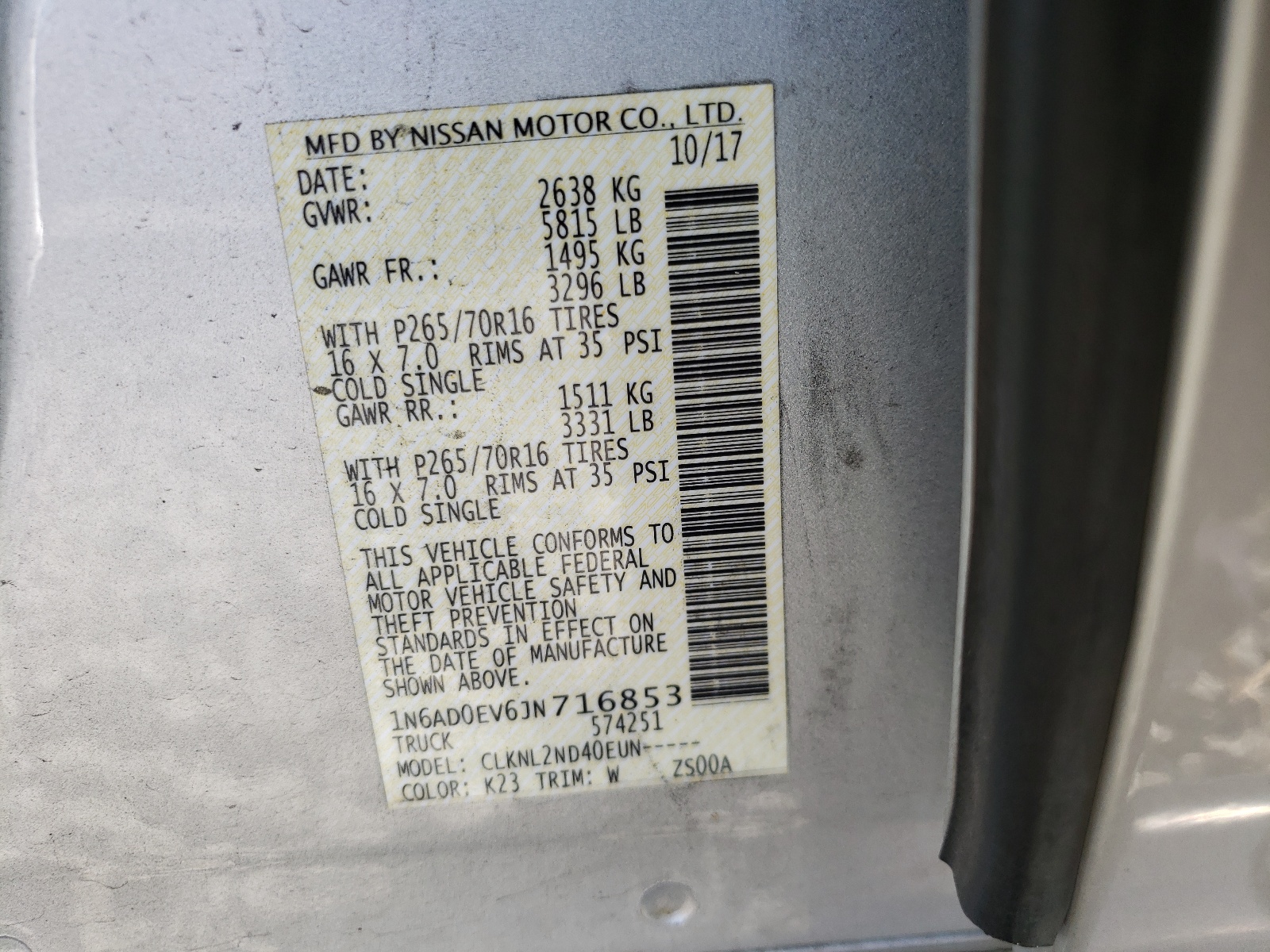 Photo 10 from auction – 2018 NISSAN FRONTIER S with VIN 1N6AD0EV6JN716853