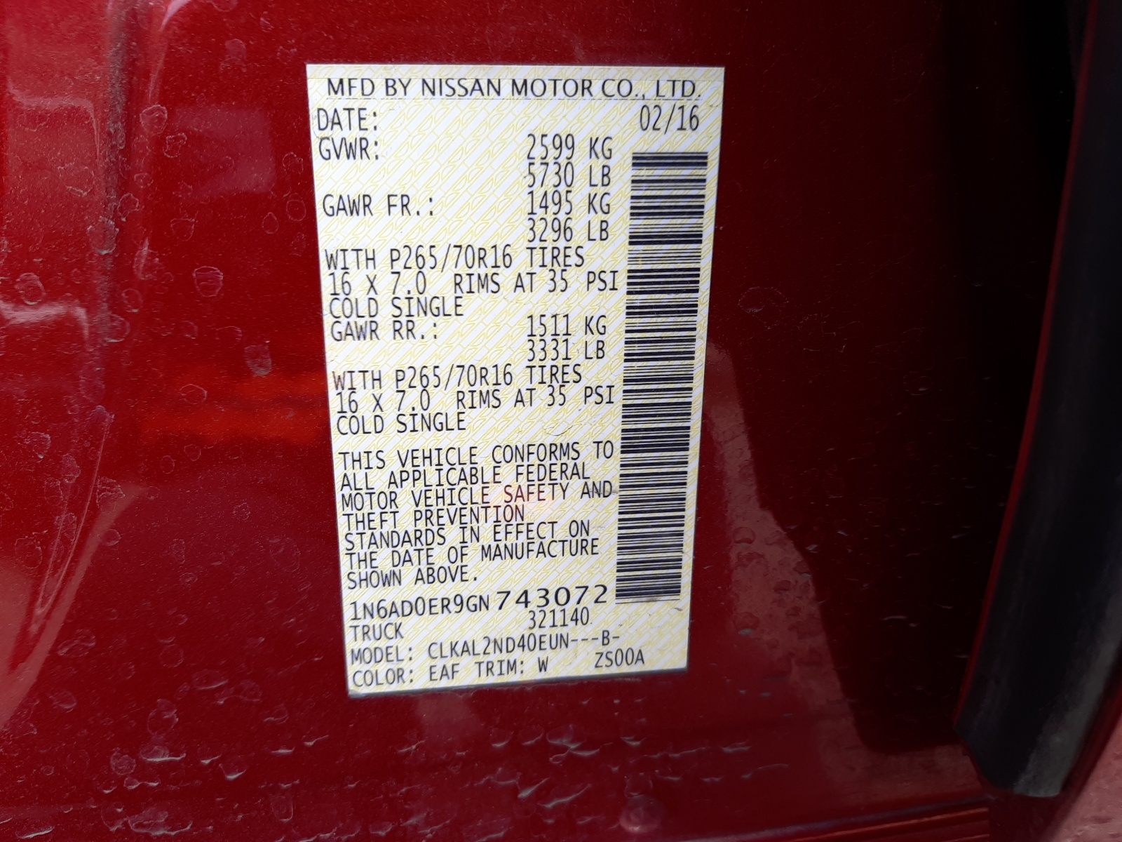Photo 10 from auction – 2016 NISSAN FRONTIER S with VIN 1N6AD0ER9GN743072