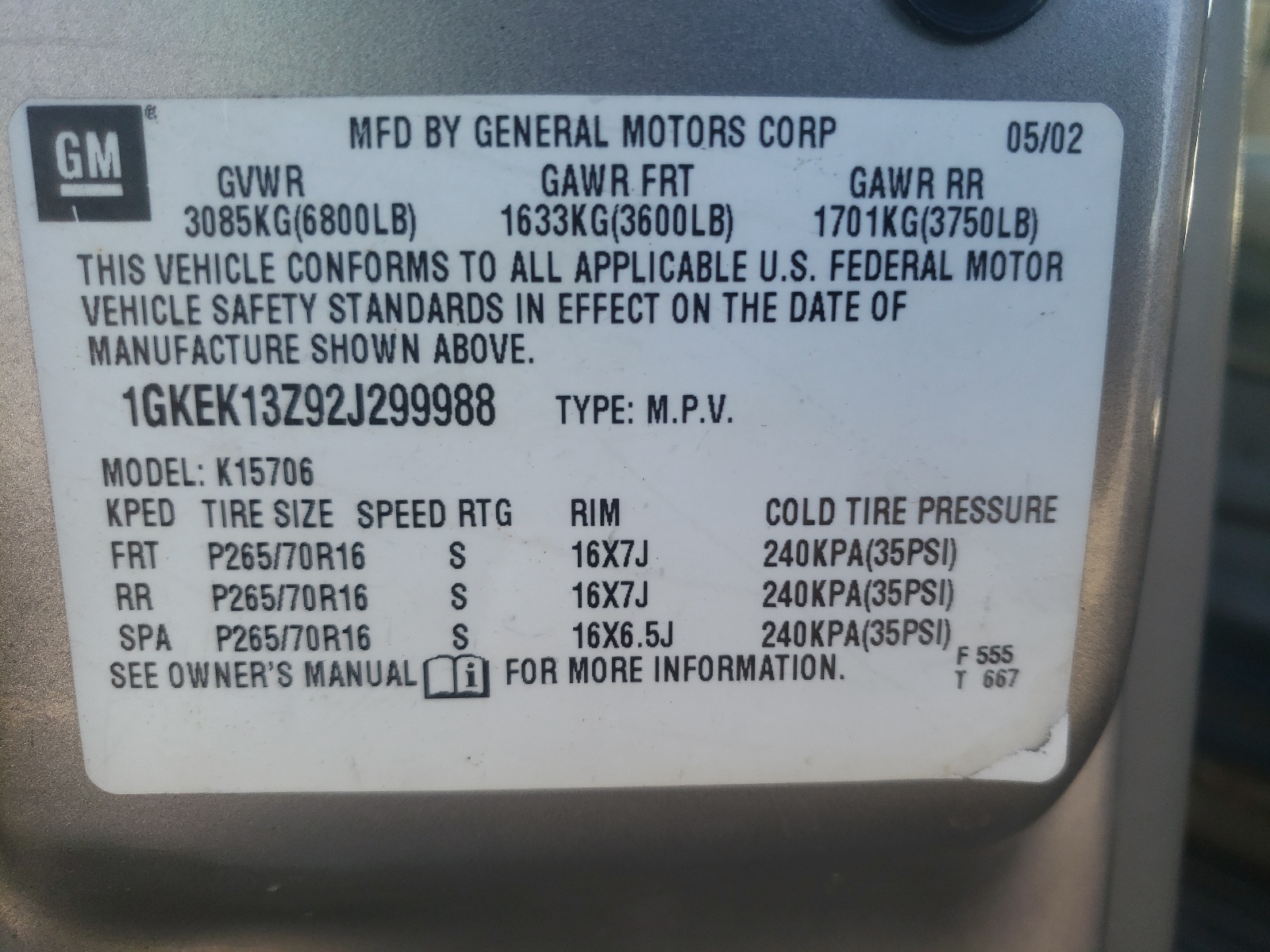 Photo 10 from auction – 2002 GMC YUKON with VIN 1GKEK13Z92J299988