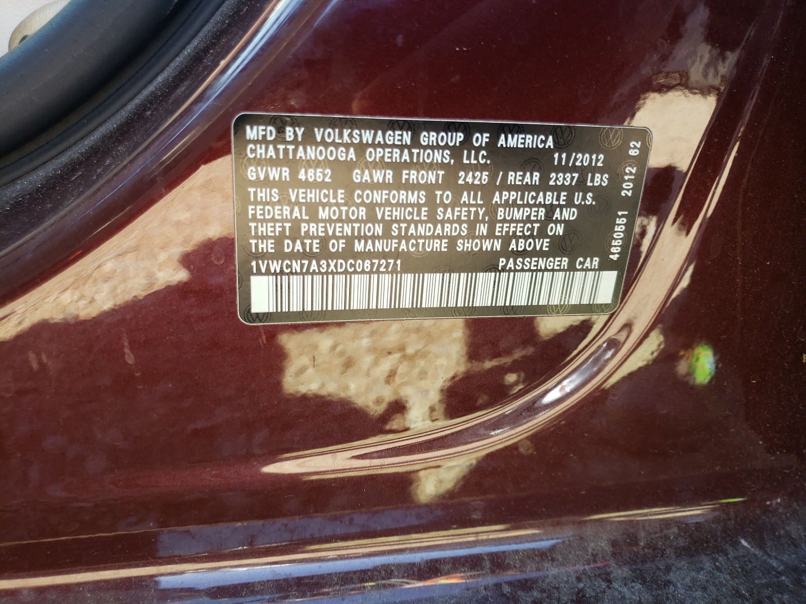 Photo 10 from auction – 2013 VOLKSWAGEN PASSAT SEL with VIN 1VWCN7A3XDC067271