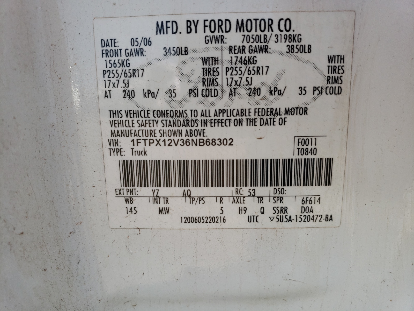 Photo 10 from auction – 2006 FORD F150 with VIN 1FTPX12V36NB68302