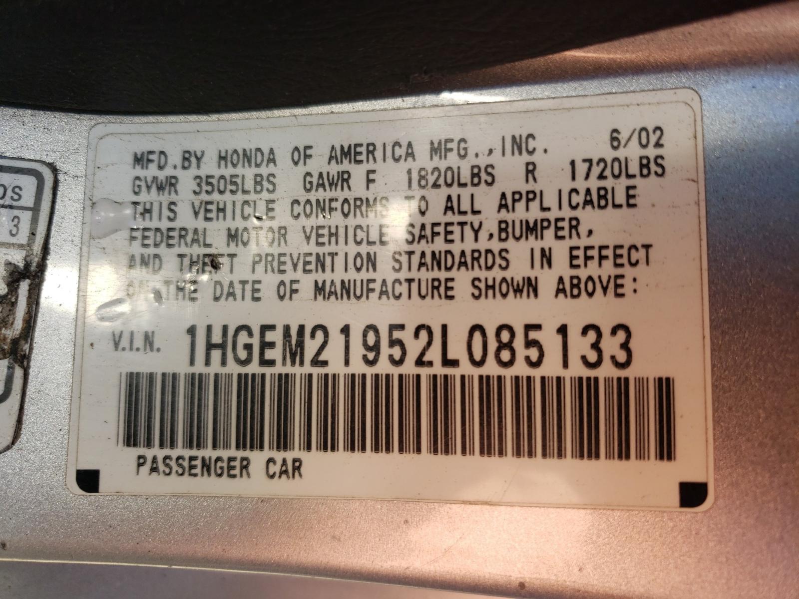 Photo 10 from auction – 2002 HONDA CIVIC EX with VIN 1HGEM21952L085133