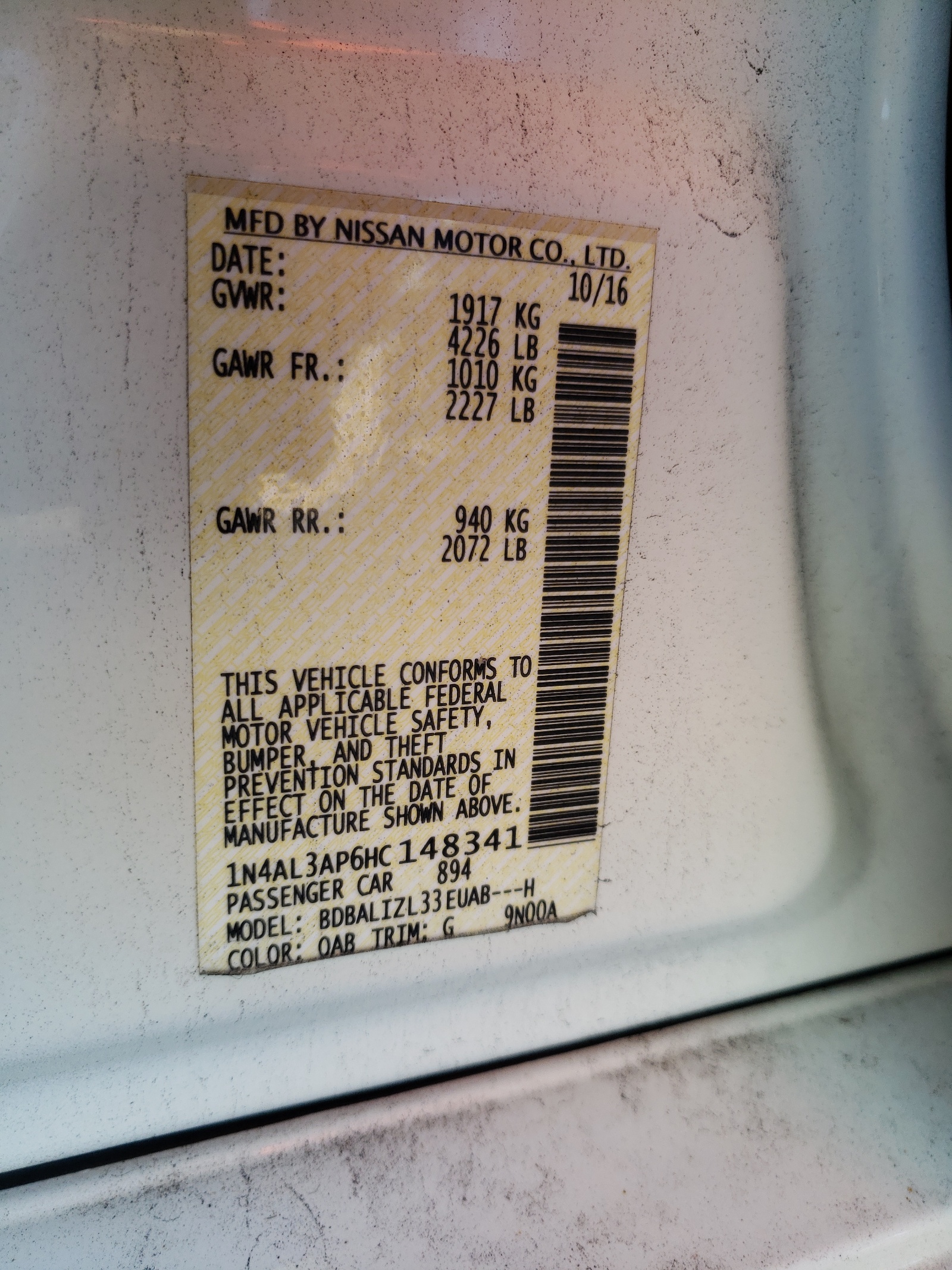 Photo 10 from auction – 2017 NISSAN ALTIMA 2.5 with VIN 1N4AL3AP6HC148341