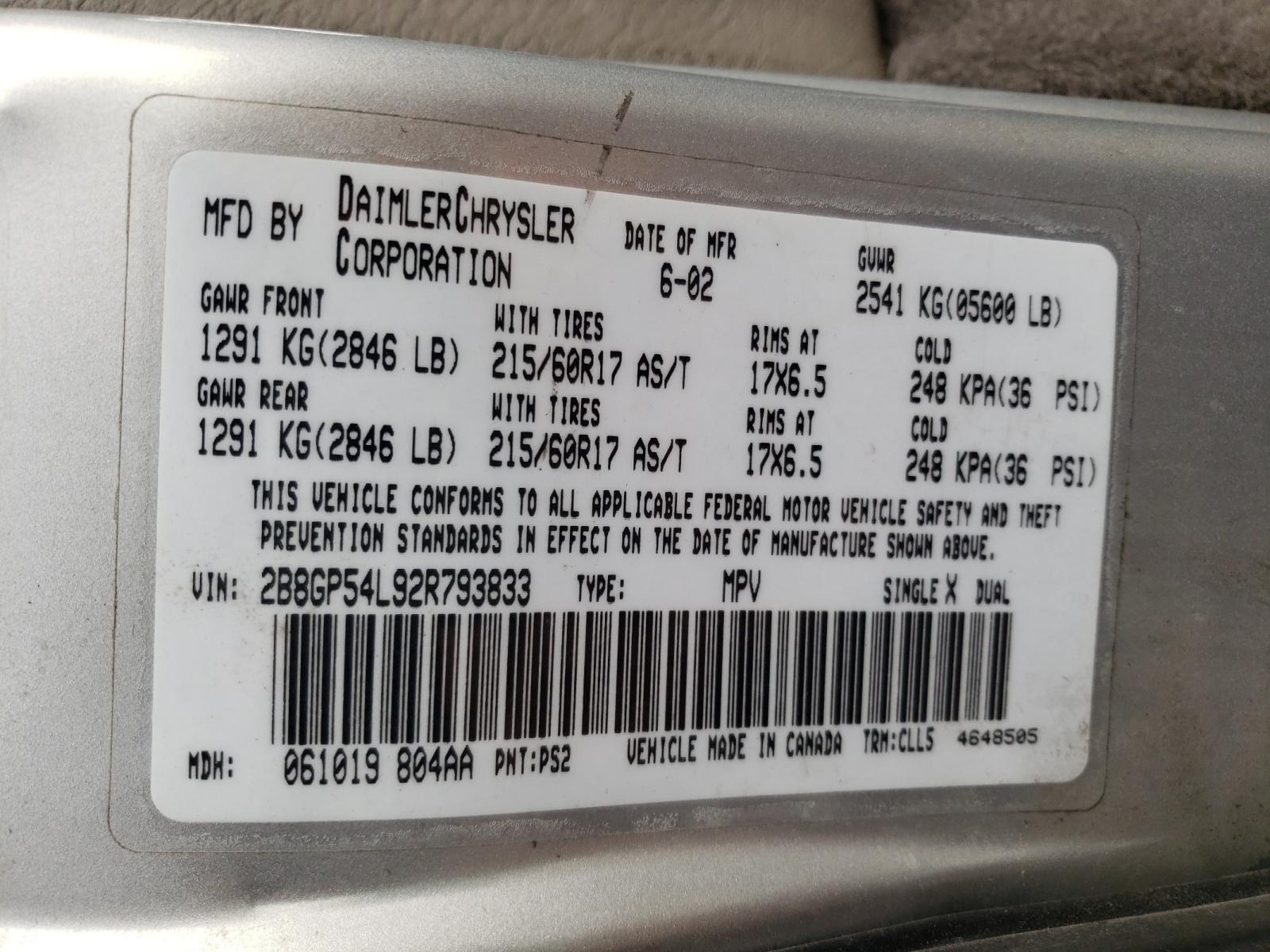 Photo 10 from auction – 2002 DODGE GRAND CARA with VIN 2B8GP54L92R793833
