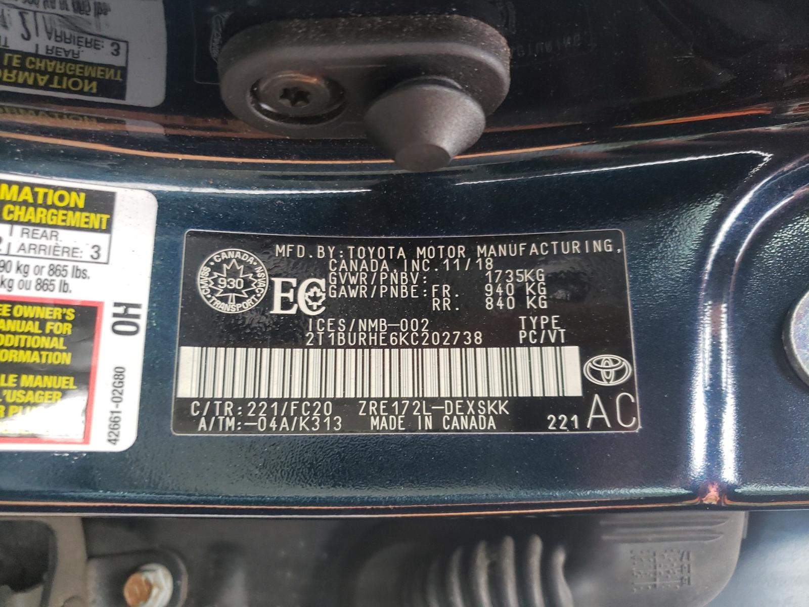 Photo 10 from auction – 2019 TOYOTA COROLLA L with VIN 2T1BURHE6KC202738
