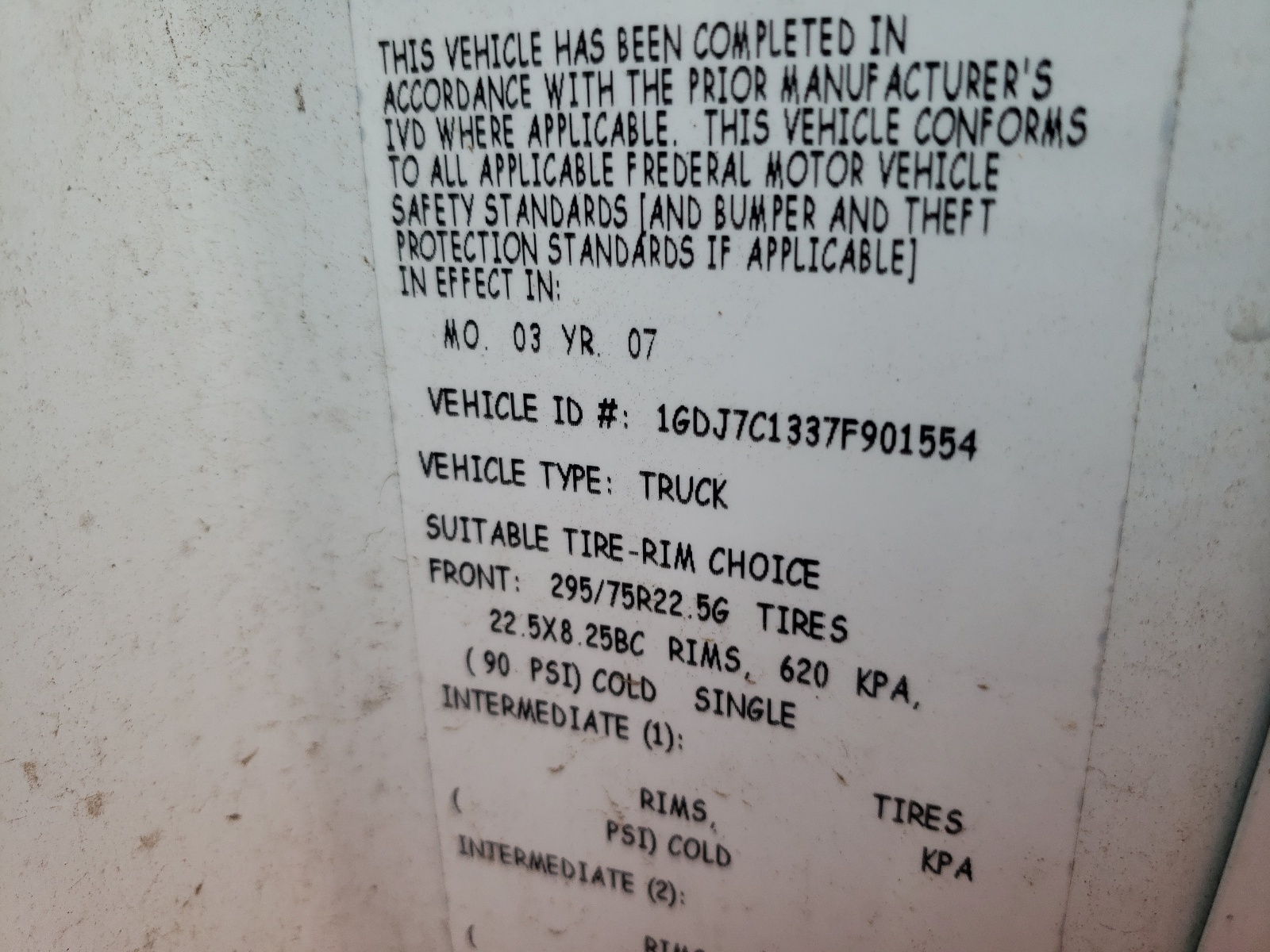 Foto 10 de la subasta – 2007 GMC C/K/R7500 con VIN 1GDJ7C1337F901554