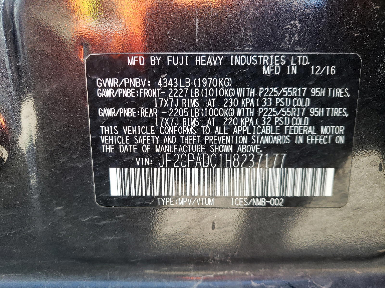 Photo 10 from auction – 2017 SUBARU CROSSTREK with VIN JF2GPADC1H8237177