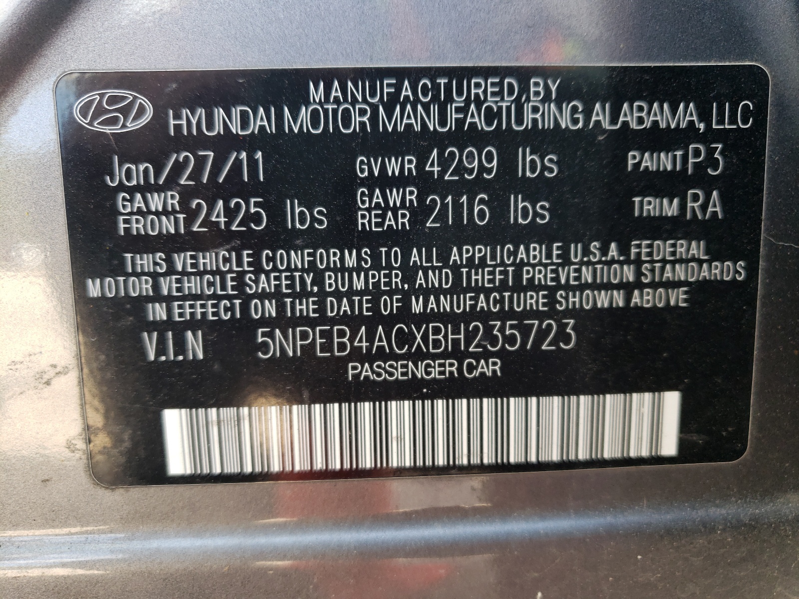 Photo 10 from auction – 2011 HYUNDAI SONATA GLS with VIN 5NPEB4ACXBH235723