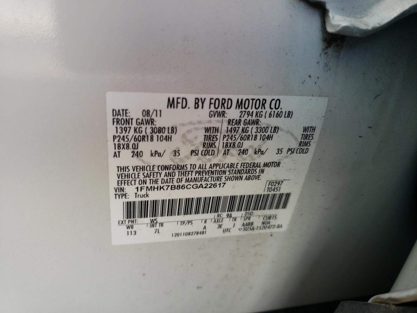 Photo 10 from auction – 2012 FORD EXPLORER with VIN 1FMHK7B86CGA22617