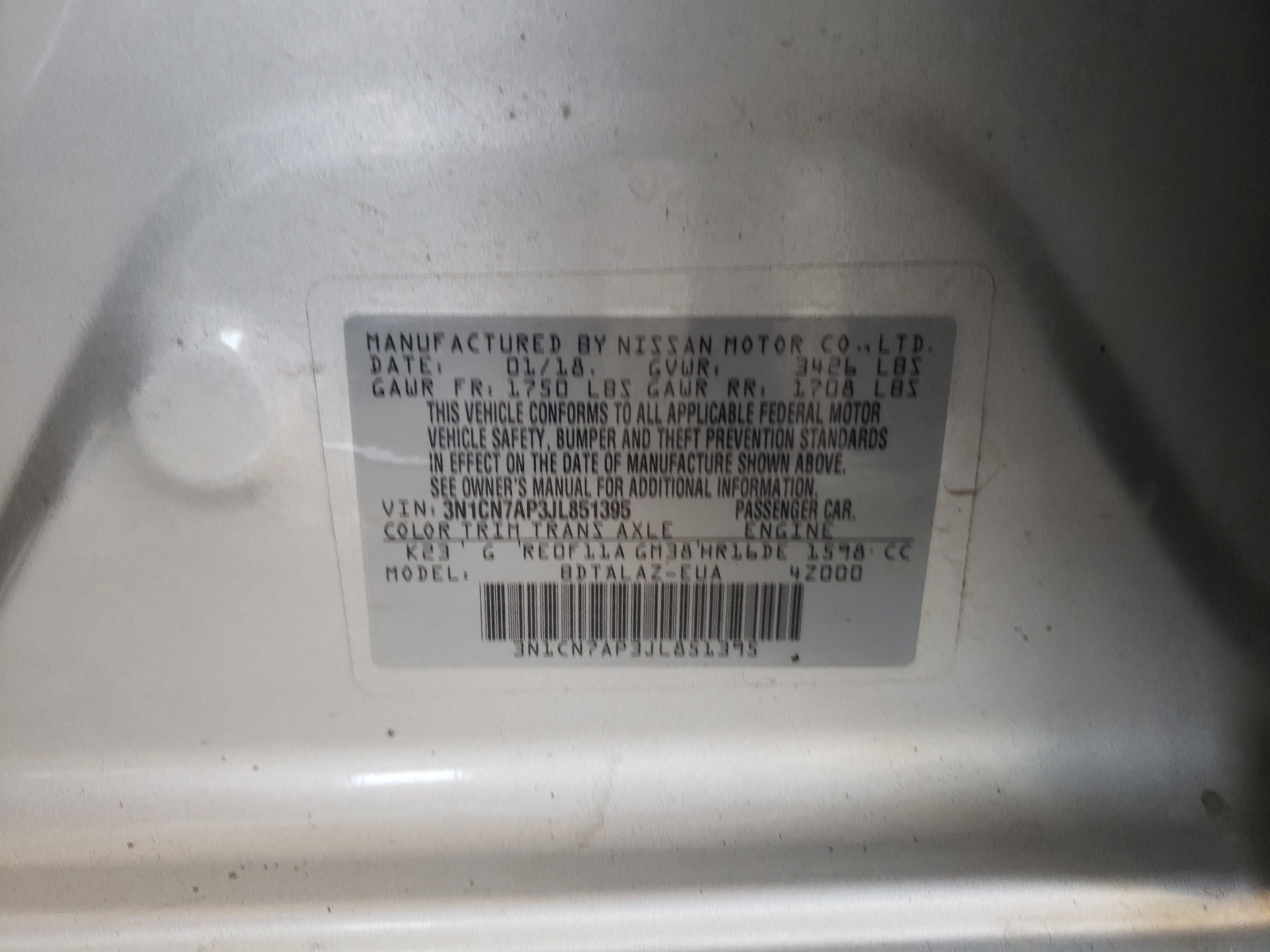 Photo 10 from auction – 2018 NISSAN VERSA S with VIN 3N1CN7AP3JL851395