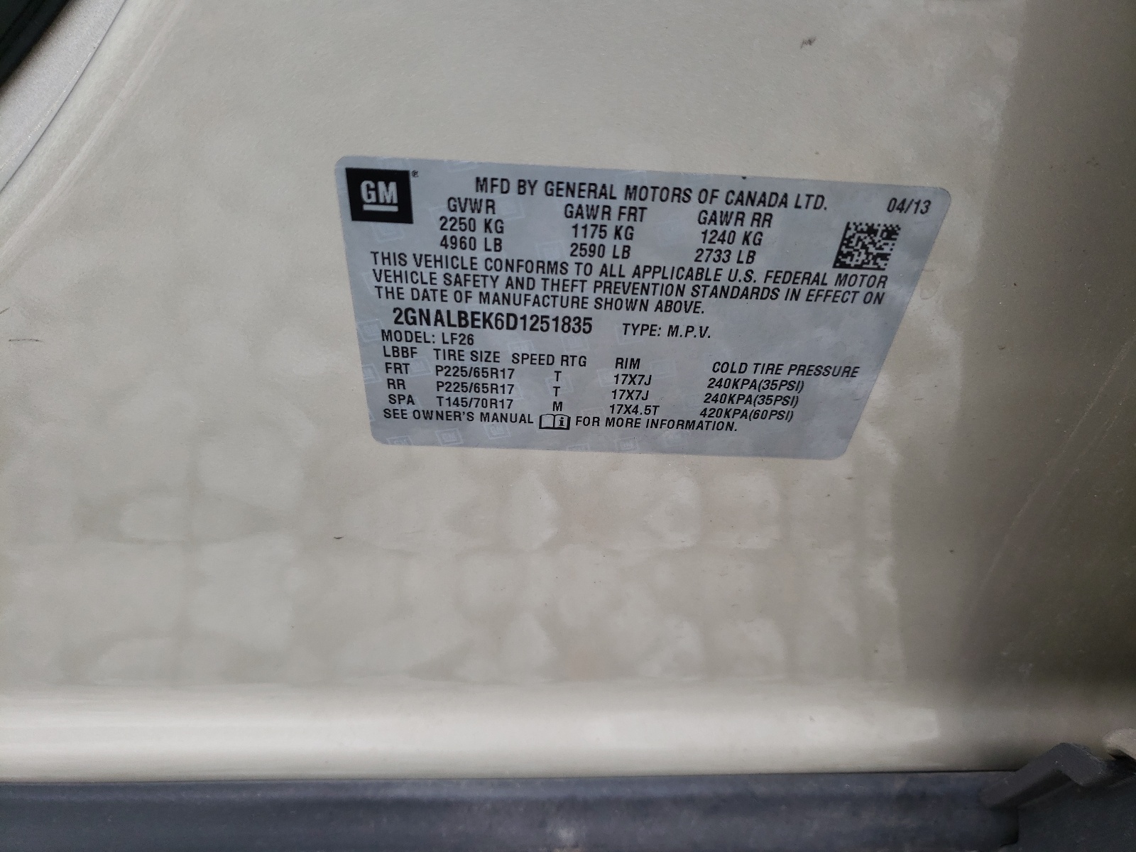 Photo 10 from auction – 2013 CHEVROLET EQUINOX LS with VIN 2GNALBEK6D1251835