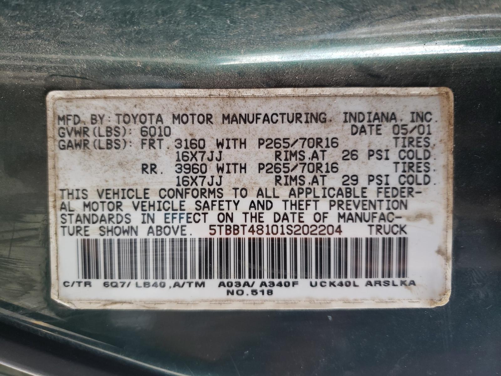 Photo 10 from auction – 2001 TOYOTA TUNDRA ACC with VIN 5TBBT48101S202204