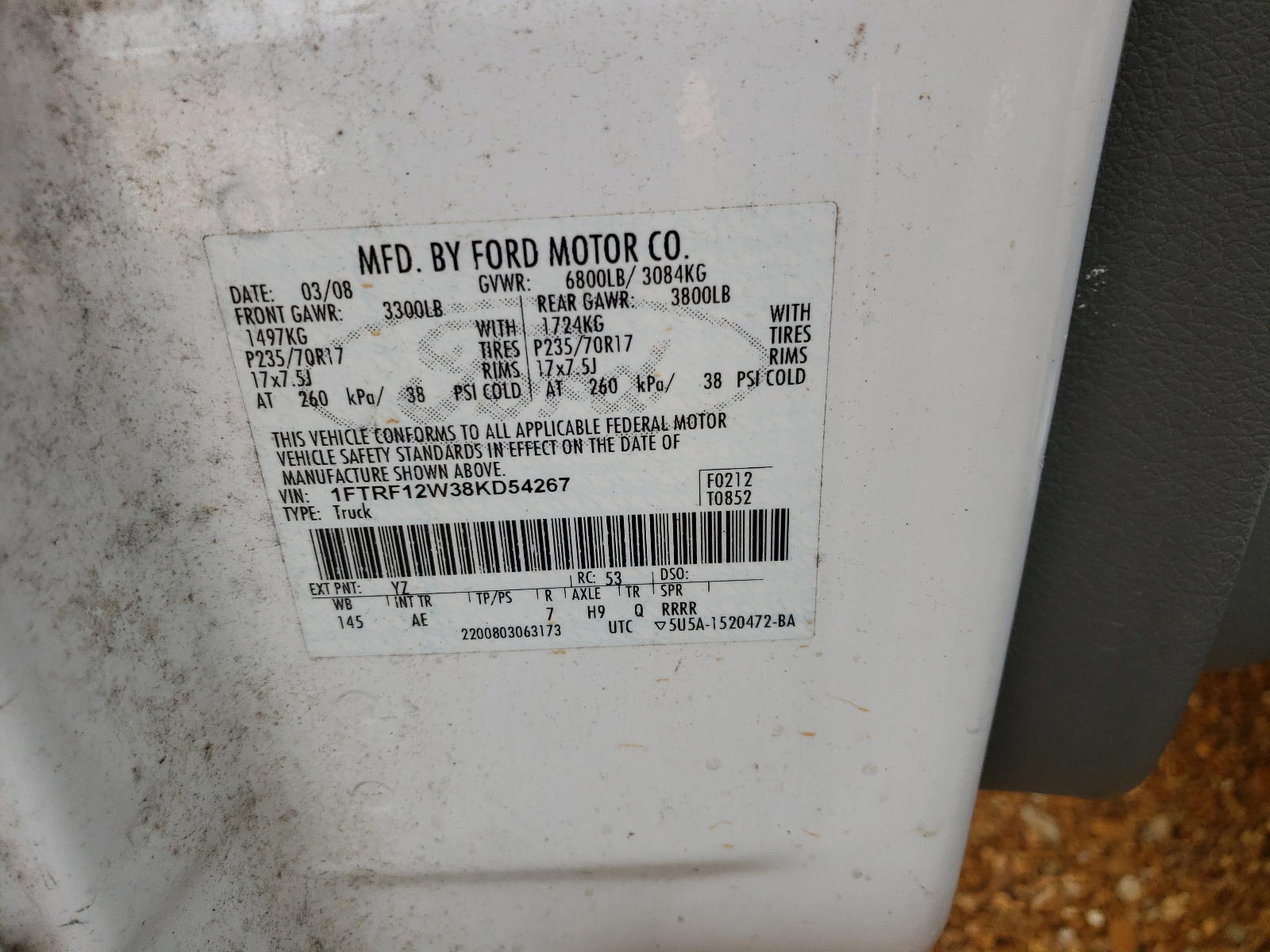 Photo 10 from auction – 2008 FORD F150 with VIN 1FTRF12W38KD54267