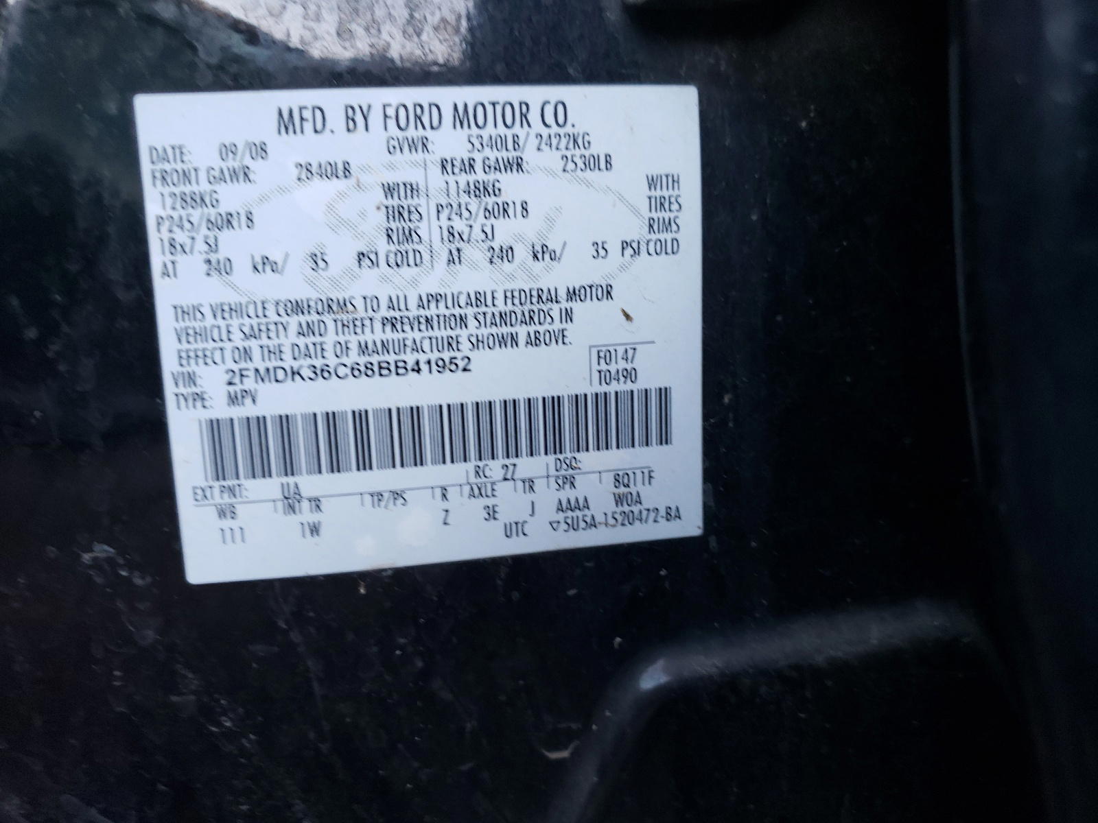 Photo 10 from auction – 2008 FORD EDGE SE with VIN 2FMDK36C68BB41952