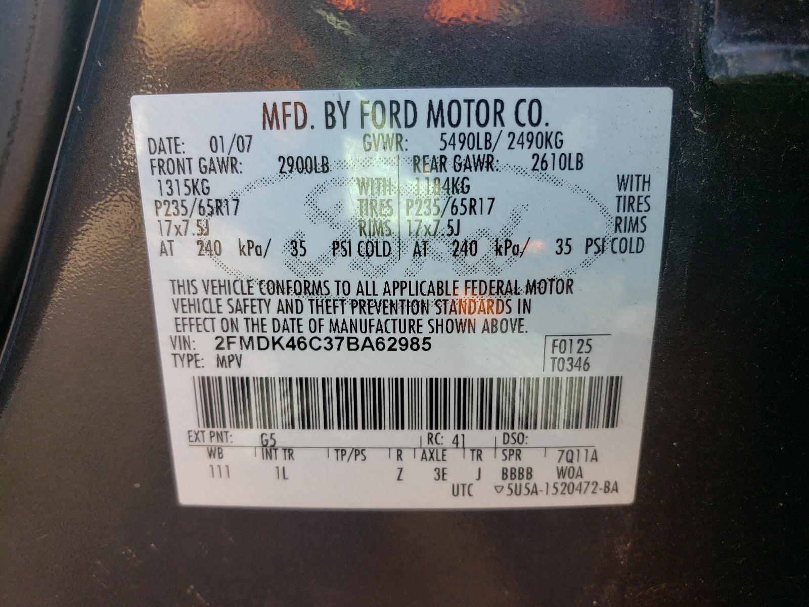 Photo 10 from auction – 2007 FORD EDGE SE with VIN 2FMDK46C37BA62985