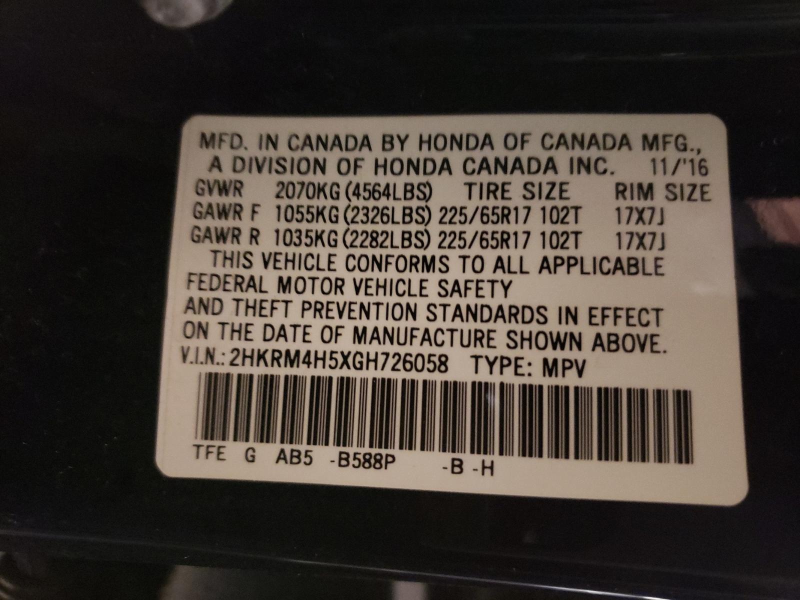 Photo 10 from auction – 2016 HONDA CR-V EX with VIN 2HKRM4H5XGH726058