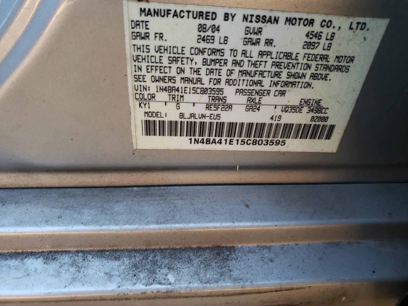 Photo 10 from auction – 2005 NISSAN MAXIMA SE with VIN 1N4BA41E15C803595
