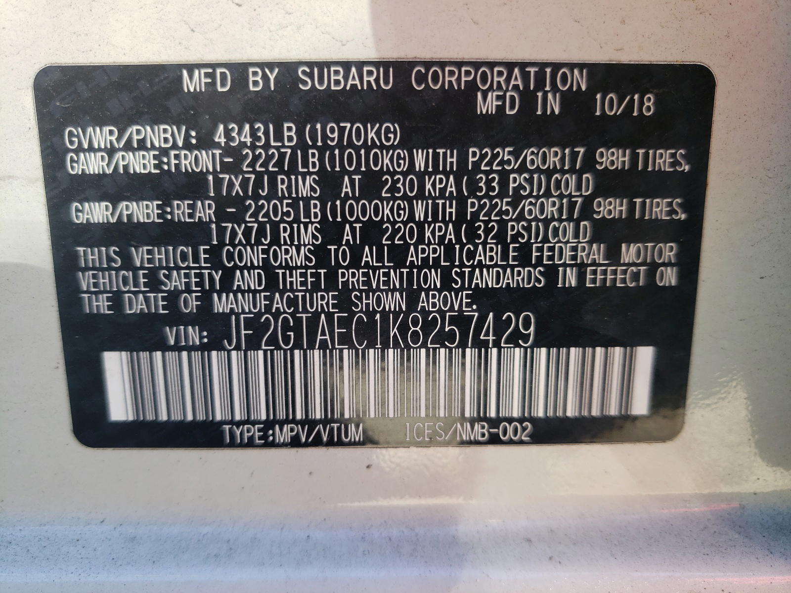 Photo 10 from auction – 2019 SUBARU CROSSTREK with VIN JF2GTAEC1K8257429