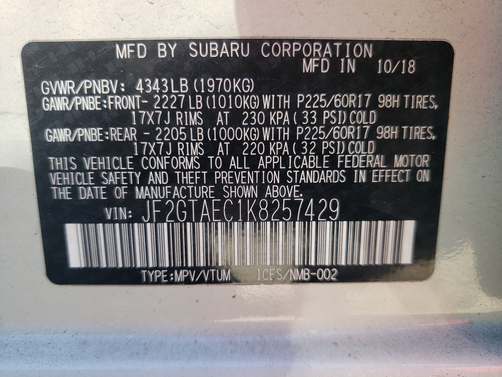 Zdjęcie 10 z aukcji – 2019 SUBARU CROSSTREK z VIN JF2GTAEC1K8257429