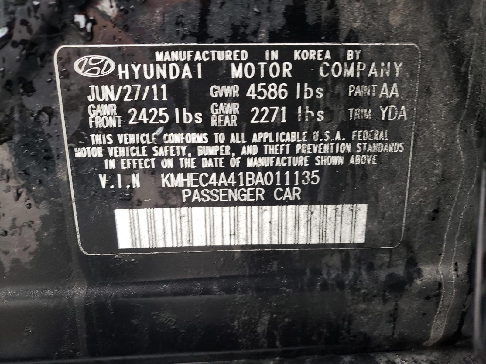 Photo 10 from auction – 2011 HYUNDAI SONATA GL with VIN KMHEC4A41BA011135
