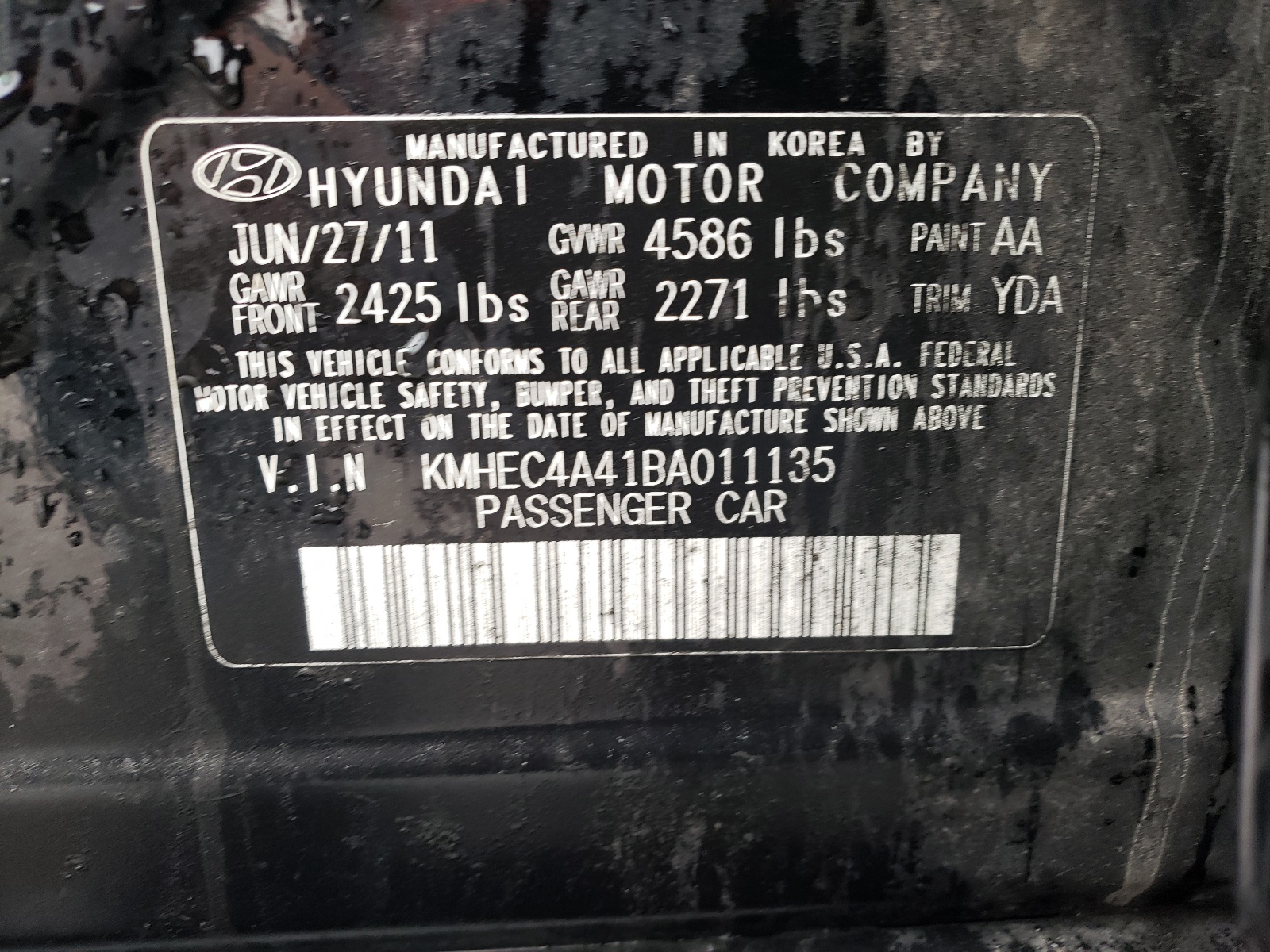 Фото 10 с аукциона – 2011 HYUNDAI SONATA GL с VIN KMHEC4A41BA011135