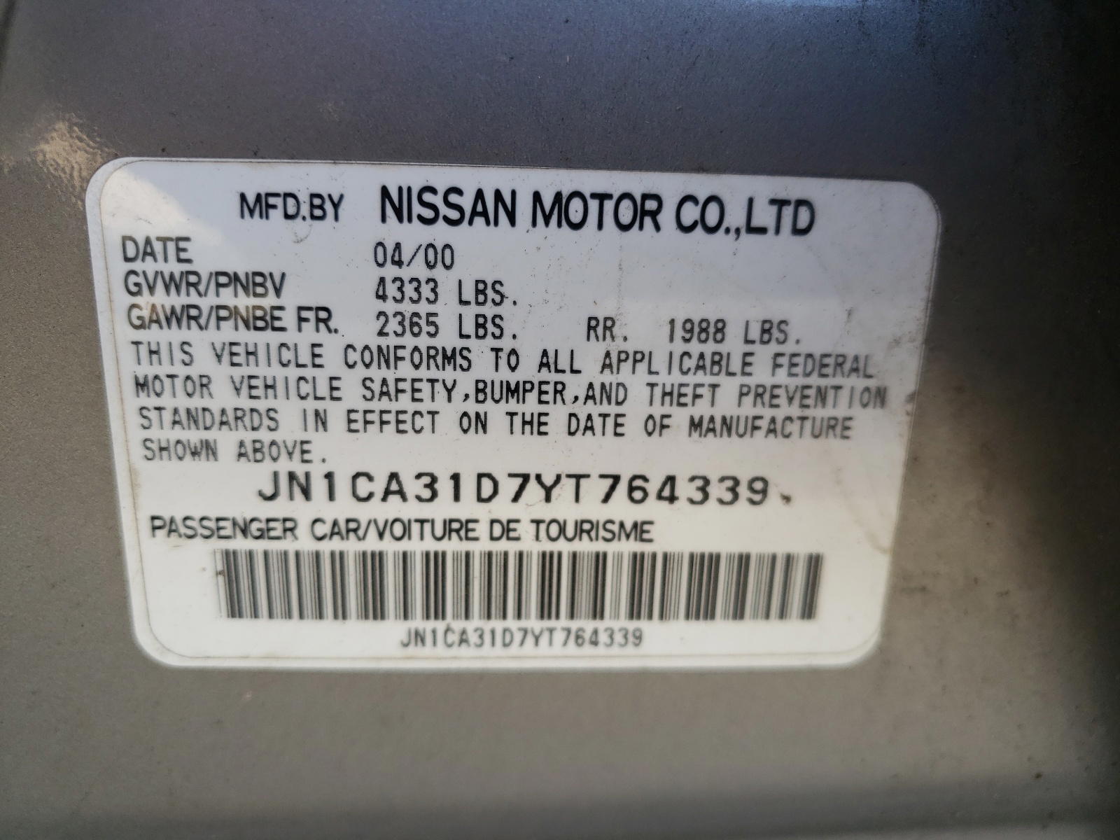 Photo 10 from auction – 2000 NISSAN MAXIMA GLE with VIN JN1CA31D7YT764339