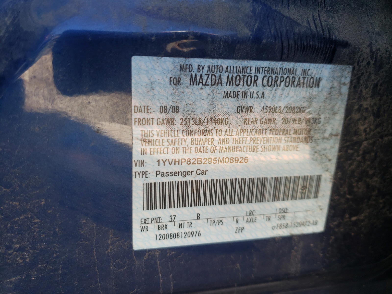 Photo 10 from auction – 2009 MAZDA 6 S with VIN 1YVHP82B295M08926