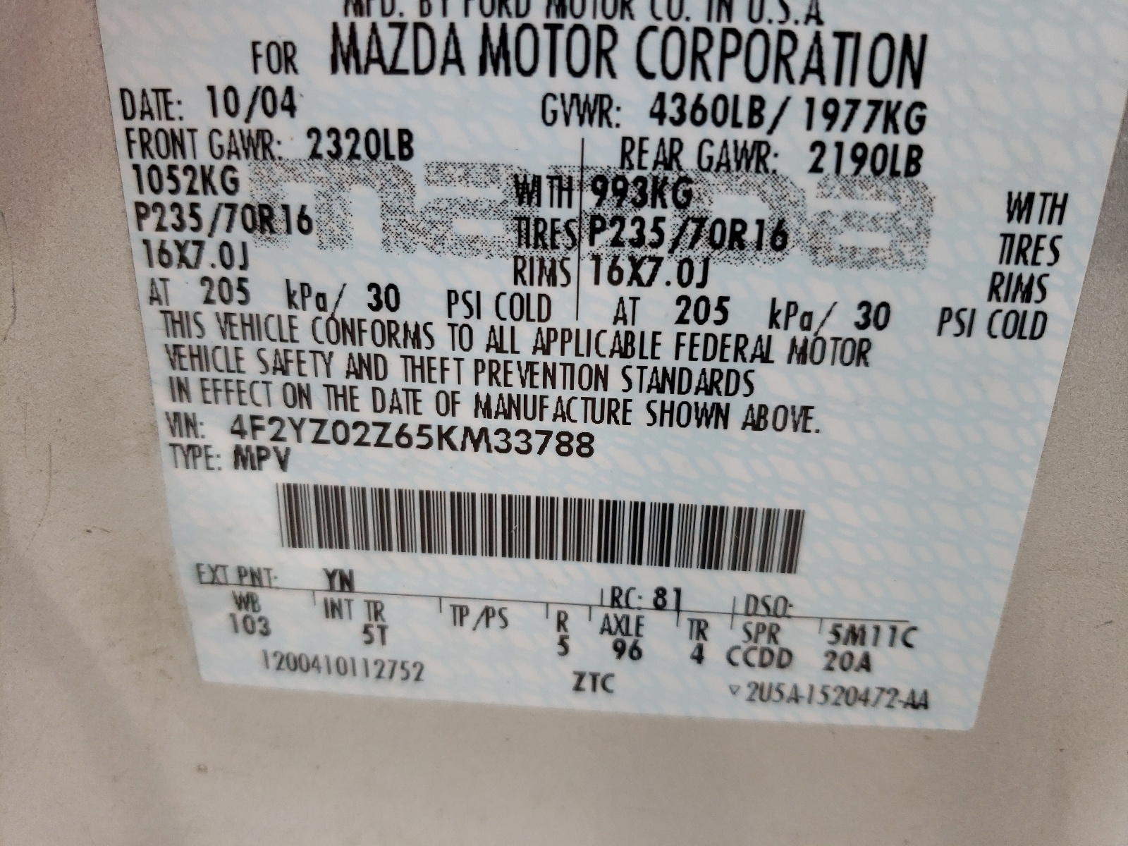 Photo 10 from auction – 2005 MAZDA TRIBUTE I with VIN 4F2YZ02Z65KM33788