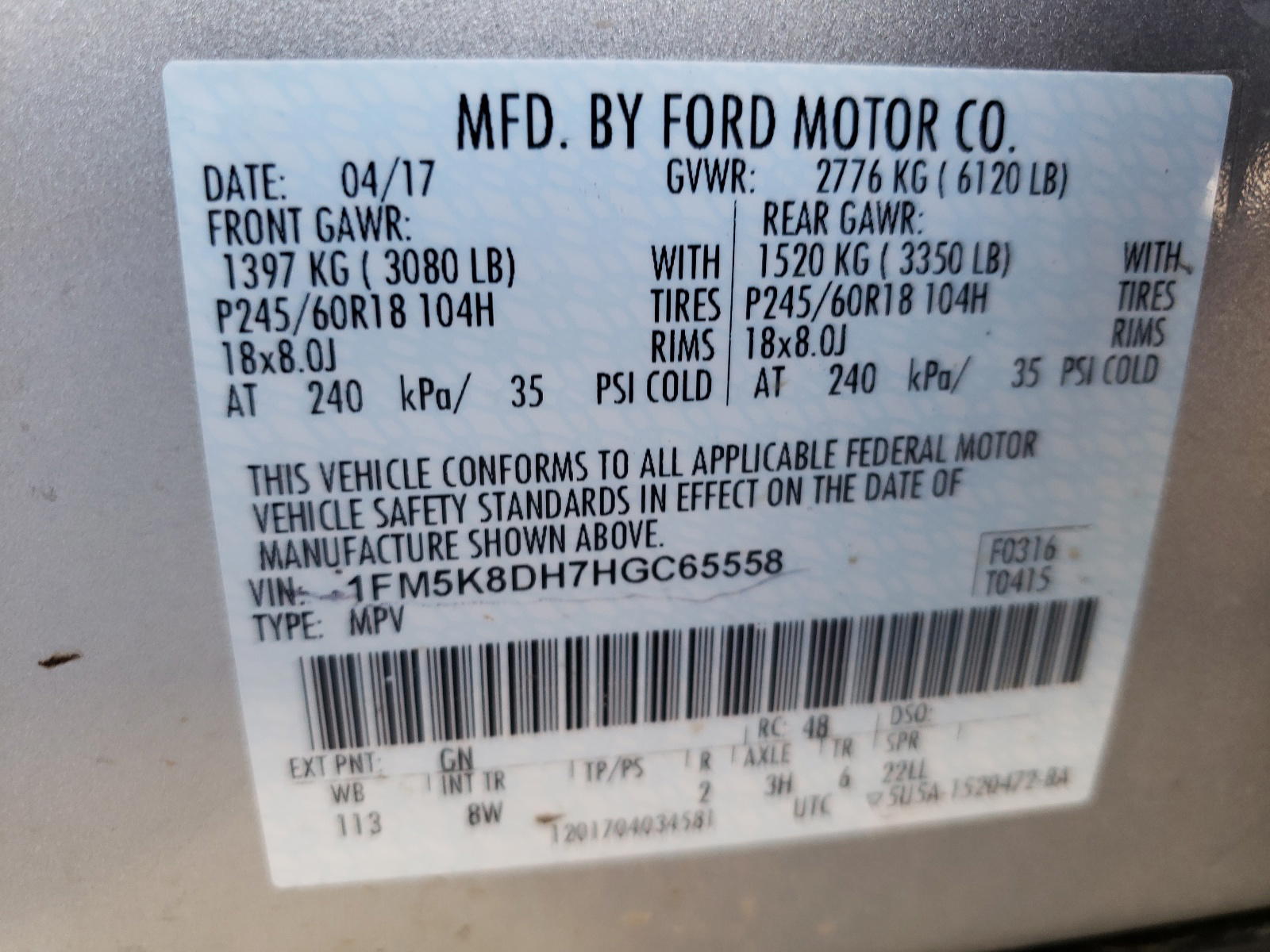 Photo 10 from auction – 2017 FORD EXPLORER X with VIN 1FM5K8DH7HGC65558