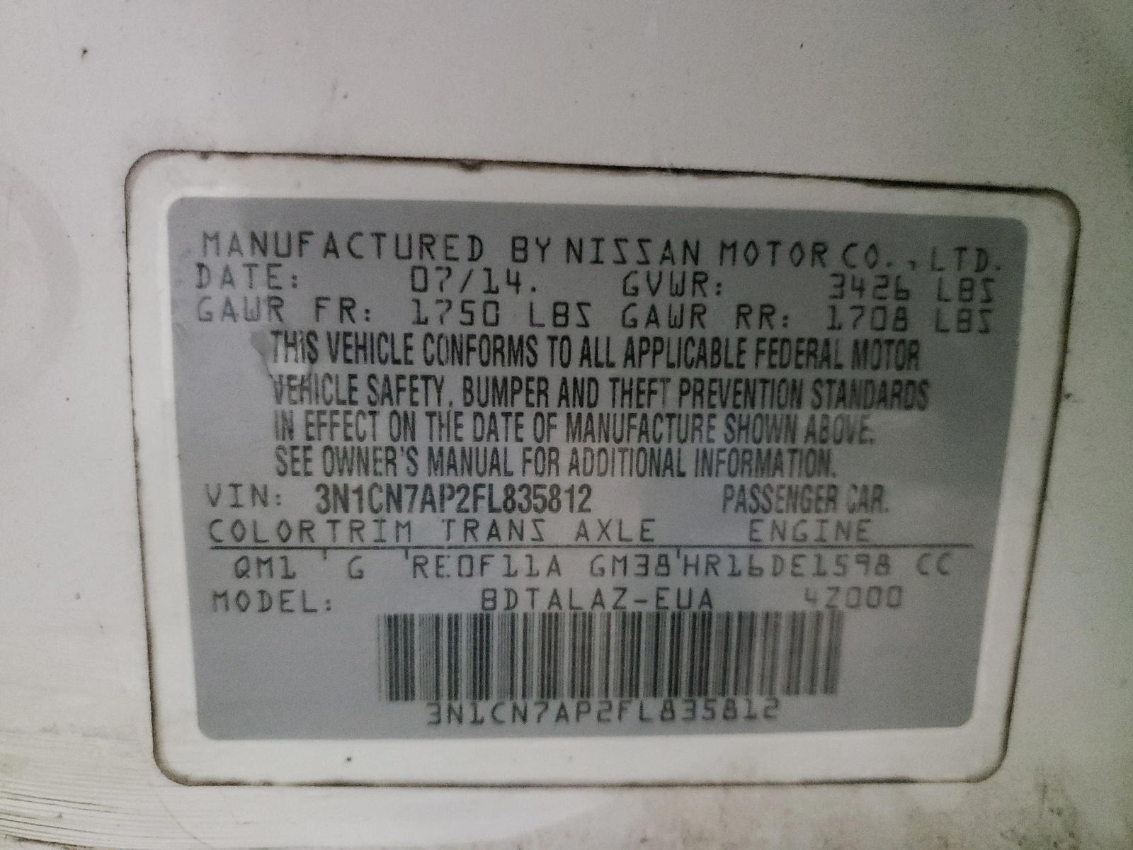 Photo 10 from auction – 2015 NISSAN VERSA S with VIN 3N1CN7AP2FL835812