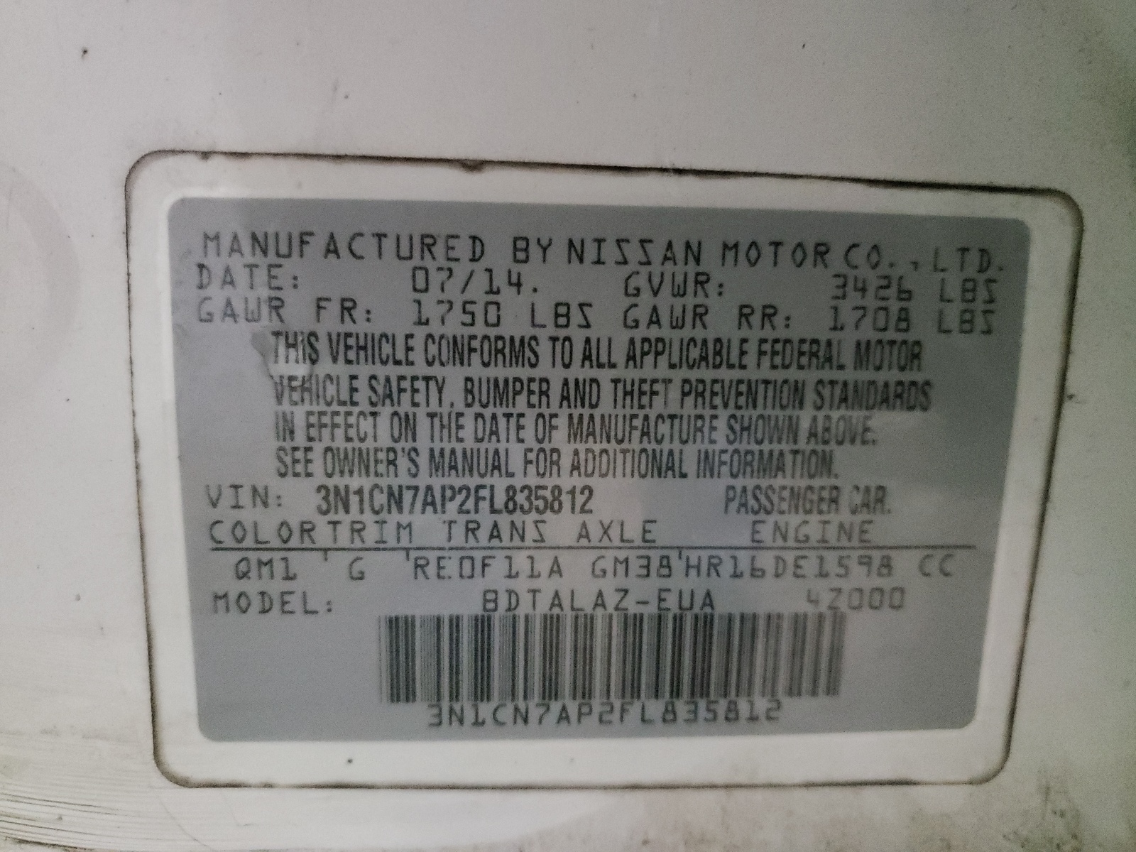 Zdjęcie 10 z aukcji – 2015 NISSAN VERSA S z VIN 3N1CN7AP2FL835812