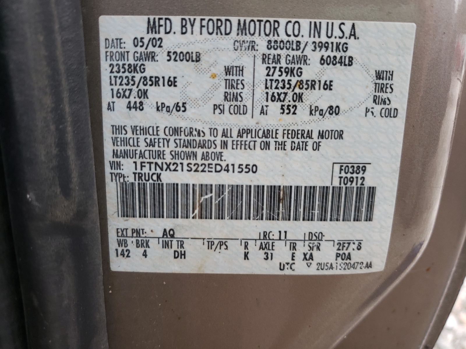 Photo 10 from auction – 2002 FORD F250 SUPER with VIN 1FTNX21S22ED41550
