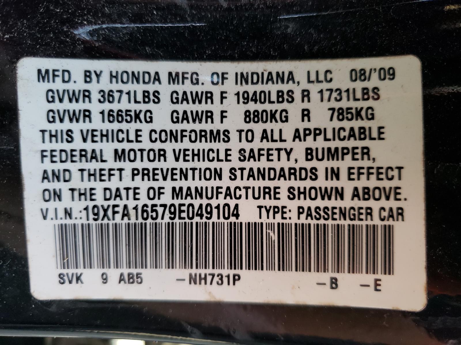 Photo 10 from auction – 2009 HONDA CIVIC LX with VIN 19XFA16579E049104