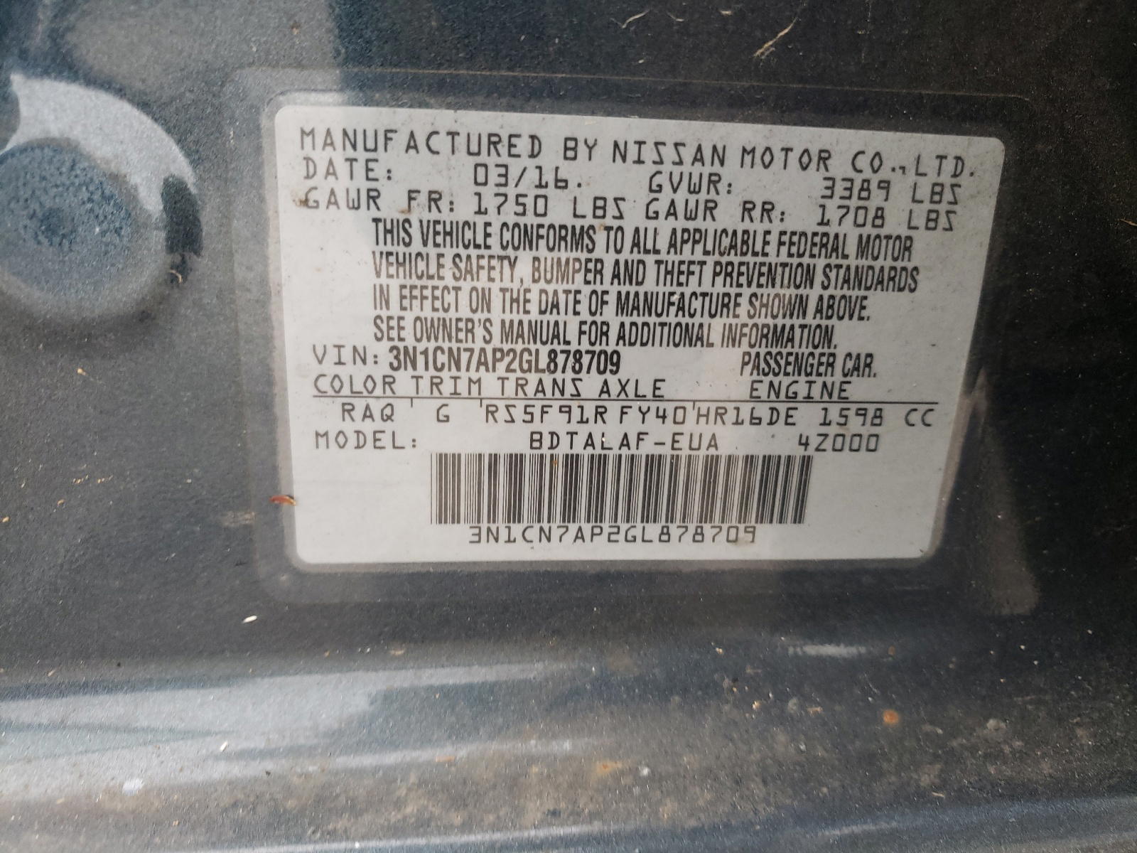 Photo 10 from auction – 2016 NISSAN VERSA S with VIN 3N1CN7AP2GL878709