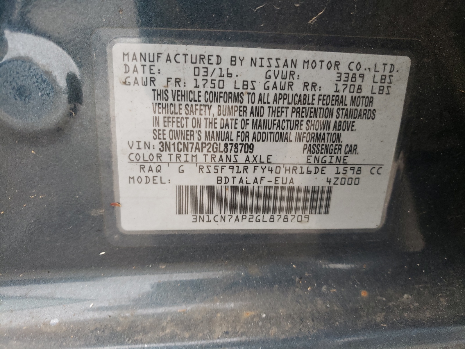 صورة رقم 10 من المزاد - 2016 NISSAN VERSA S مع VIN 3N1CN7AP2GL878709