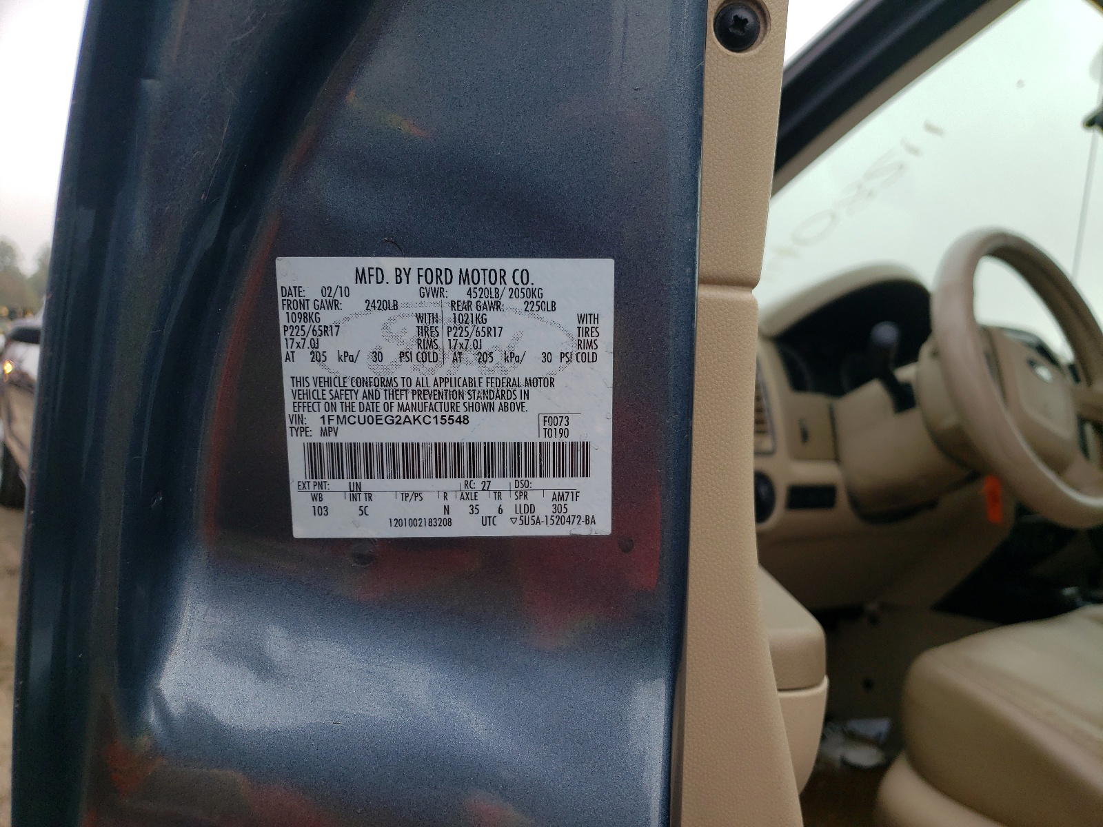Photo 10 from auction – 2010 FORD ESCAPE LIM with VIN 1FMCU0EG2AKC15548