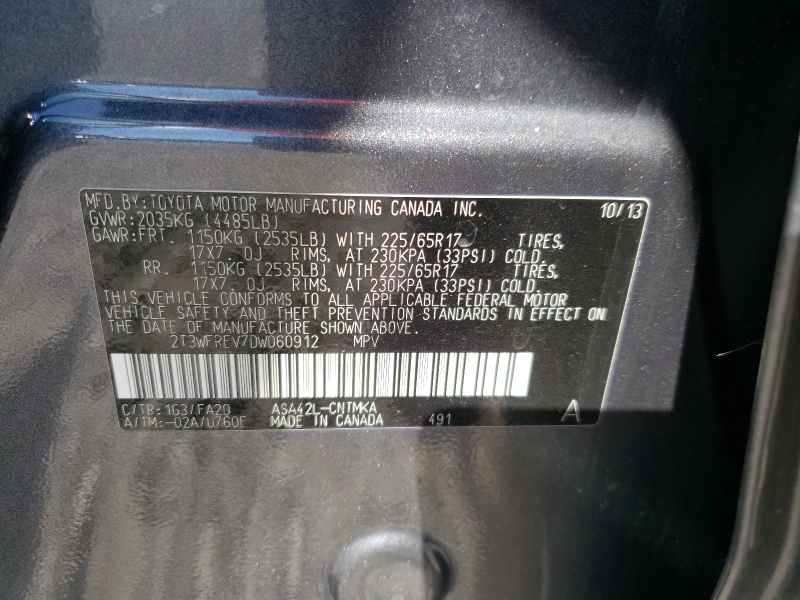 Photo 10 from auction – 2013 TOYOTA RAV4 XLE with VIN 2T3WFREV7DW060912