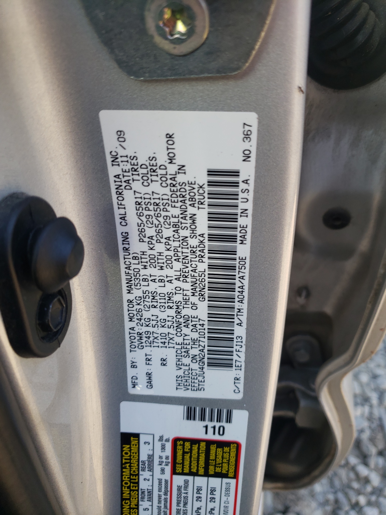 Photo 10 from auction – 2010 TOYOTA TACOMA DOU with VIN 5TEJU4GN2AZ710147
