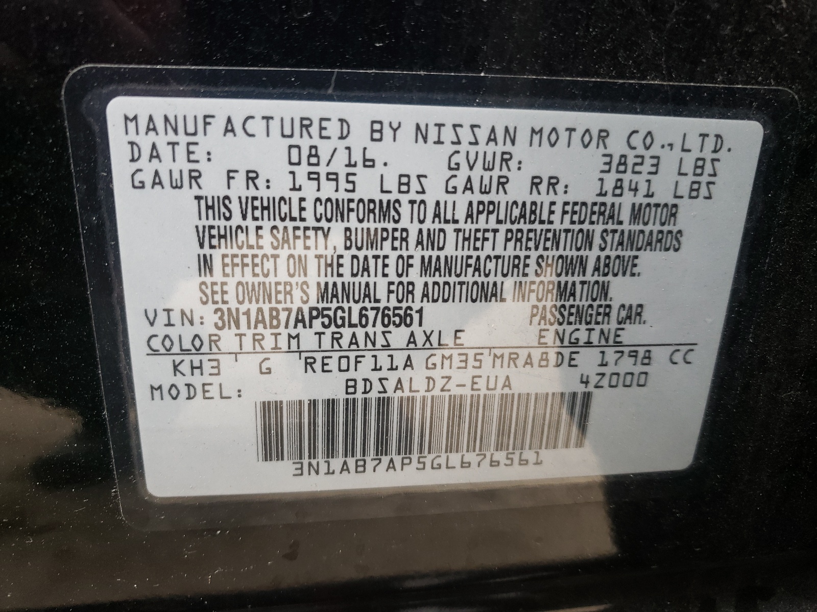 Photo 10 from auction – 2016 NISSAN SENTRA S with VIN 3N1AB7AP5GL676561