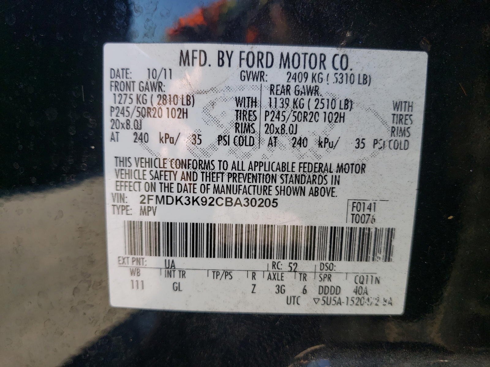 Photo 10 from auction – 2012 FORD EDGE LIMIT with VIN 2FMDK3K92CBA30205