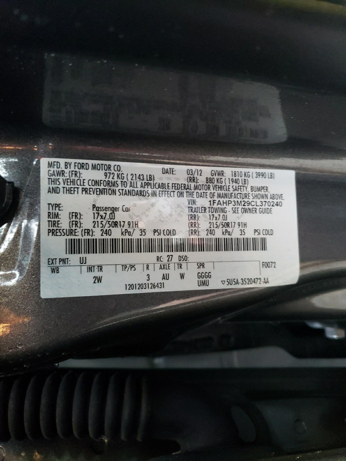 Photo 10 from auction – 2012 FORD FOCUS SEL with VIN 1FAHP3M29CL370240