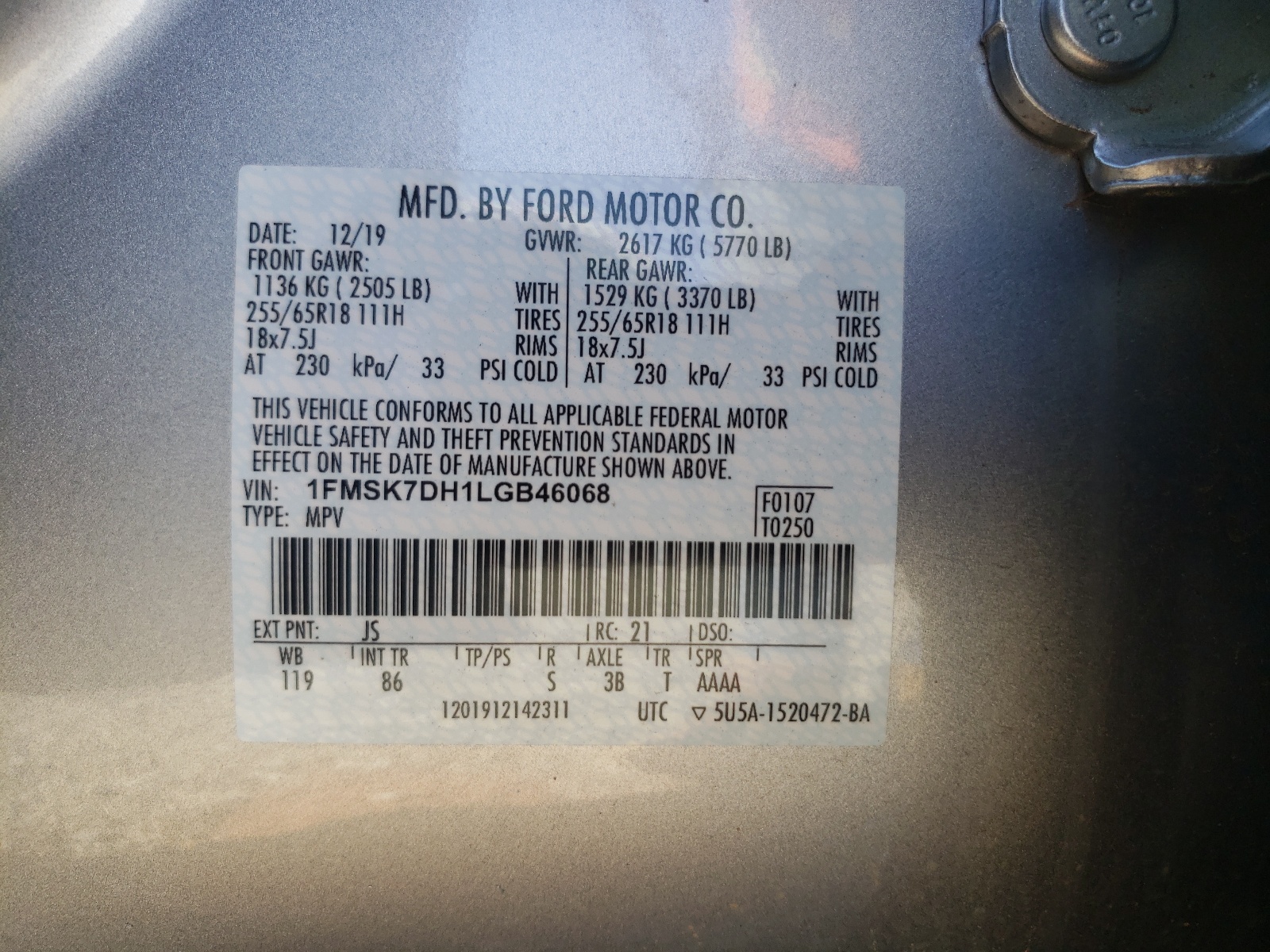 Photo 10 from auction – 2020 FORD EXPLORER X with VIN 1FMSK7DH1LGB46068