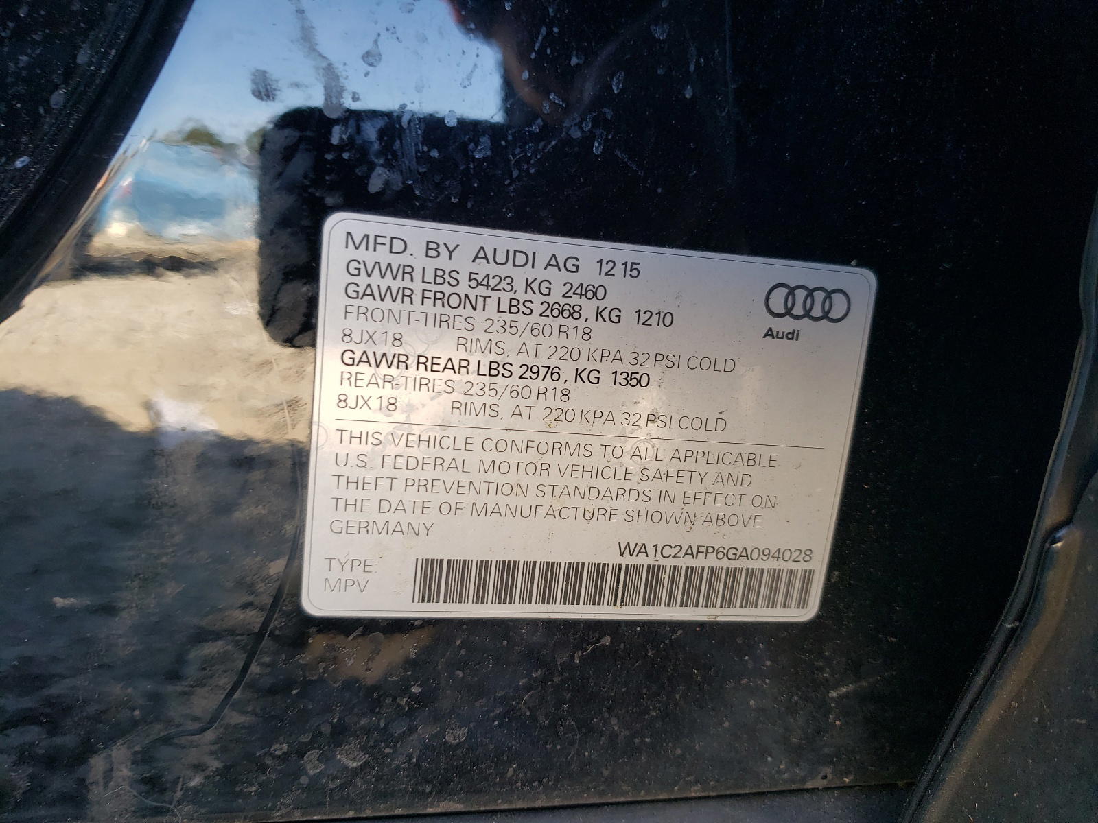 Photo 10 from auction – 2016 AUDI Q5 PREMIUM with VIN WA1C2AFP6GA094028