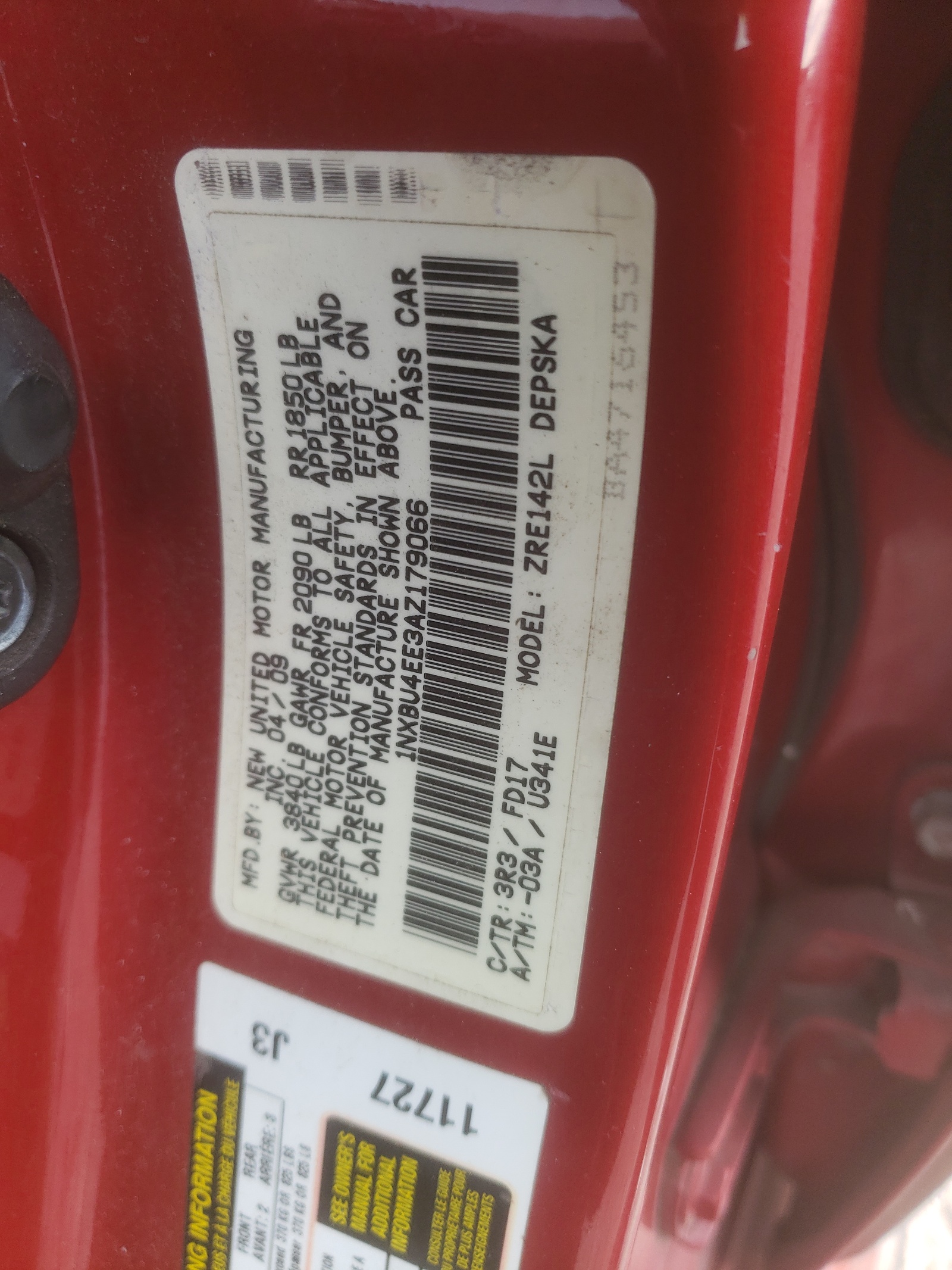 Photo 10 from auction – 2010 TOYOTA COROLLA BA with VIN 1NXBU4EE3AZ179066