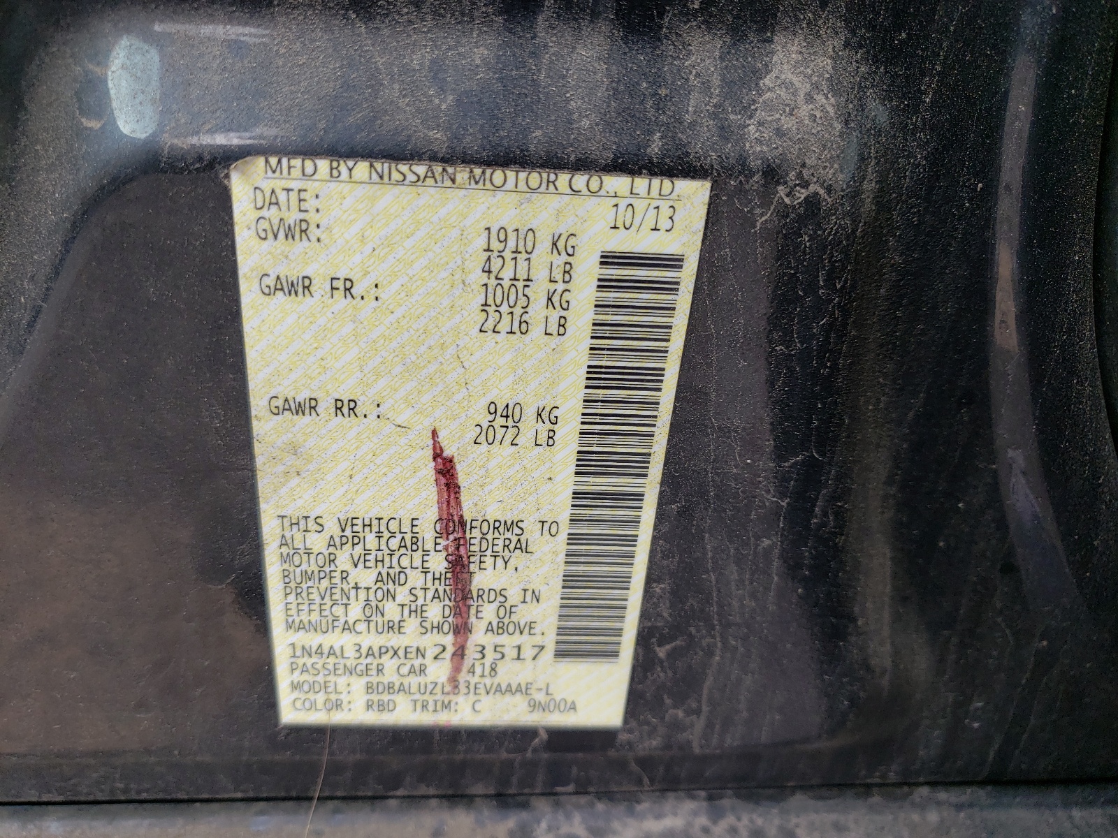 Photo 10 from auction – 2014 NISSAN ALTIMA 2.5 with VIN 1N4AL3APXEN243517