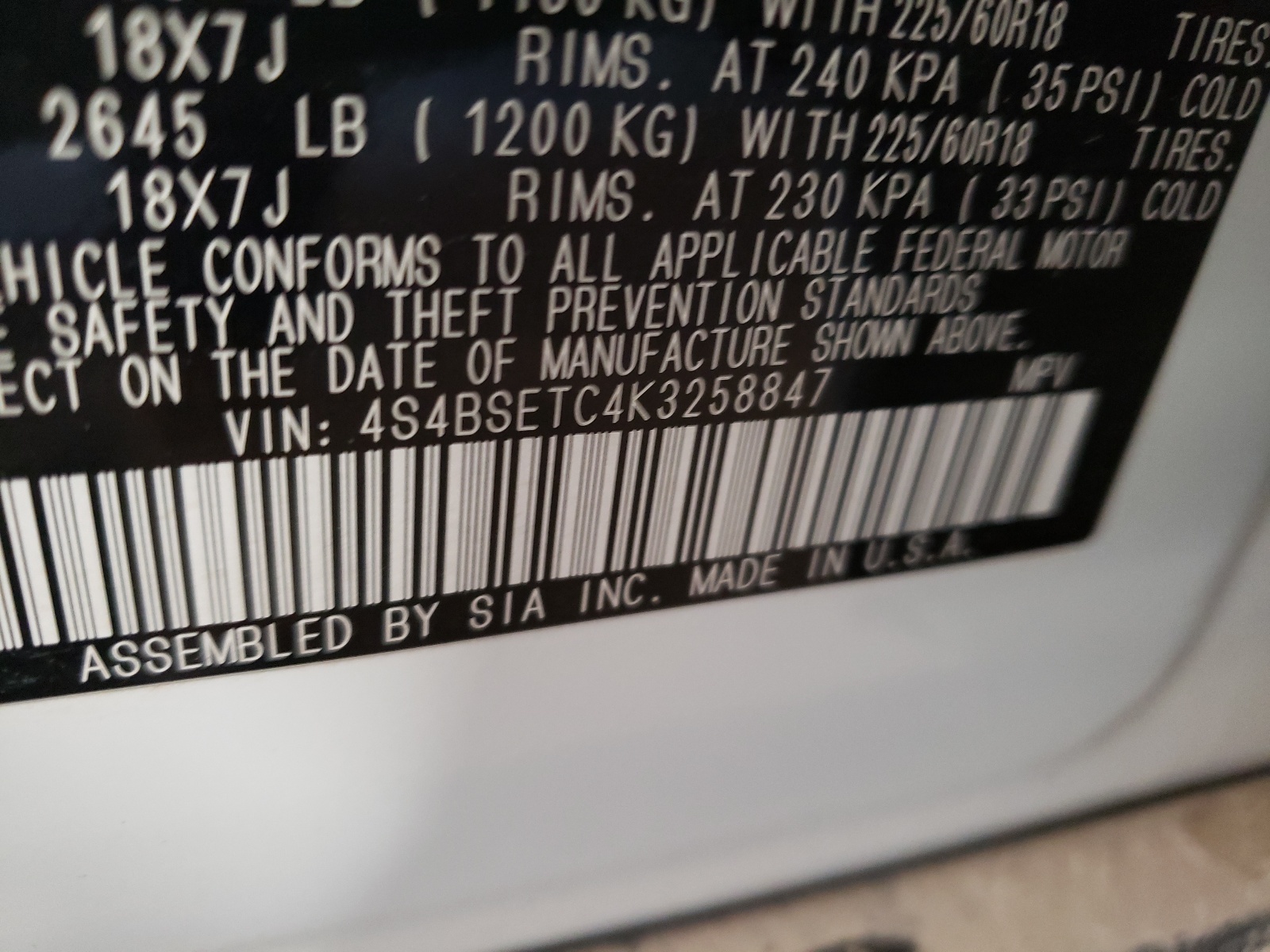 Photo 10 from auction – 2019 SUBARU OUTBACK TO with VIN 4S4BSETC4K3258847