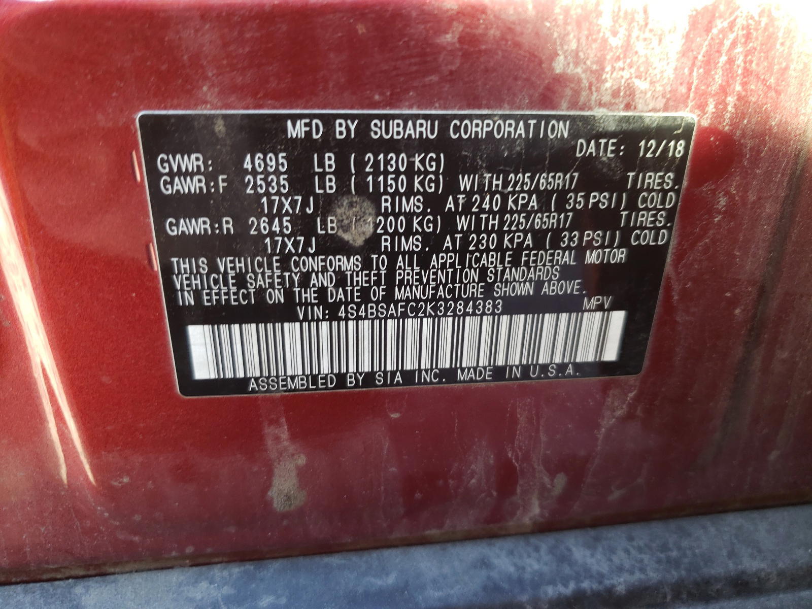 Photo 10 from auction – 2019 SUBARU OUTBACK 2. with VIN 4S4BSAFC2K3284383