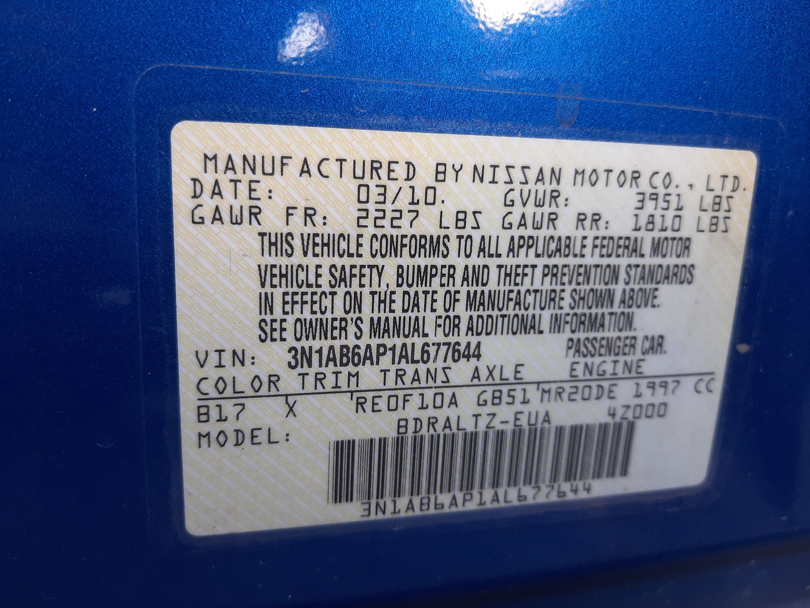Photo 10 from auction – 2010 NISSAN SENTRA 2.0 with VIN 3N1AB6AP1AL677644